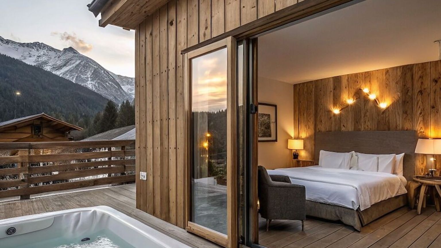er is een bubbelbad op het dek van een hotelkamer, Mont Chalet Nevada - Hotel & Spa, Livigno