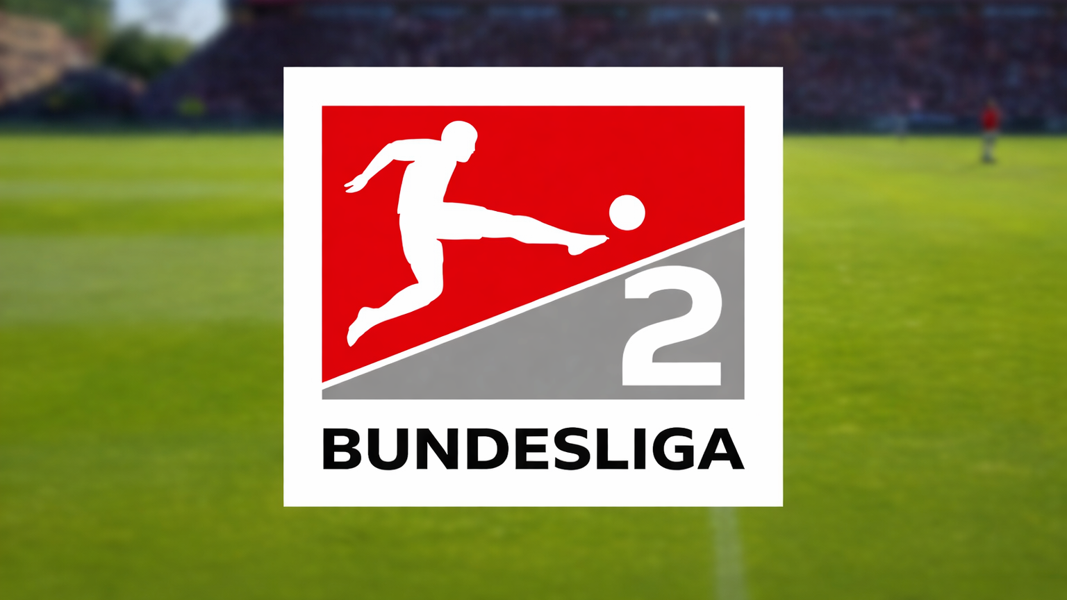 Logotipo de Bundesliga 2 sobre un estadio de fútbol borroso.