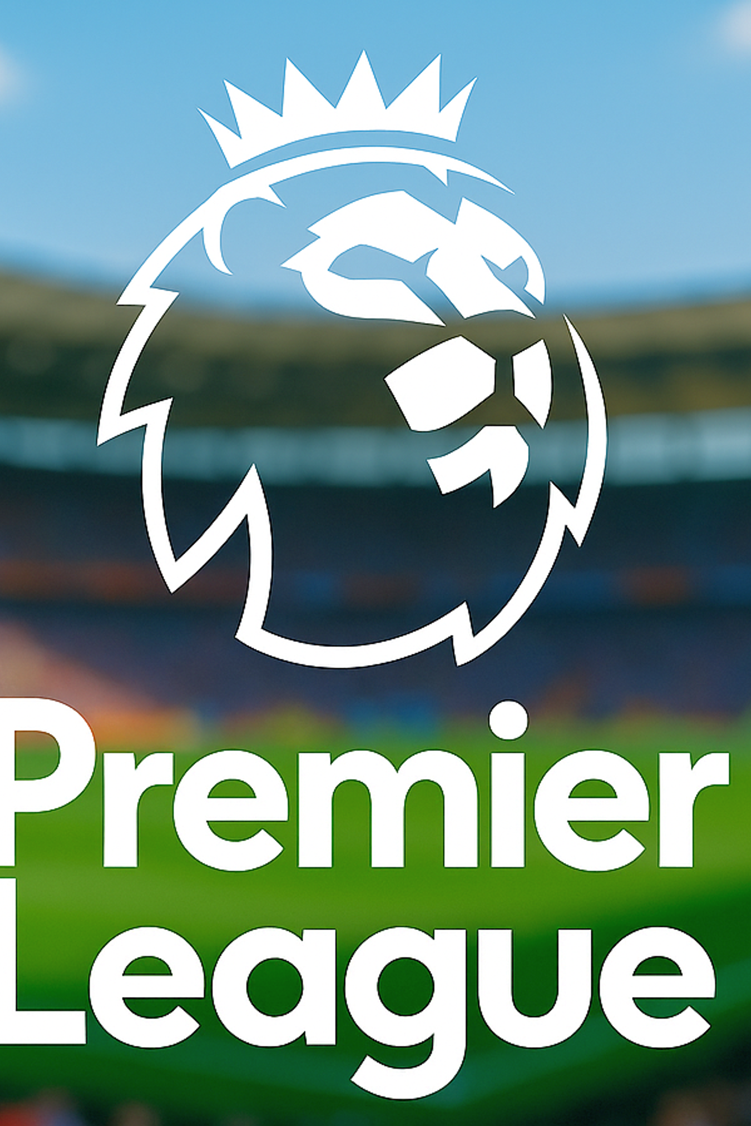 Premier League-Logo mit einem weißen gekrönten Löwen und Text, auf einem verschwommenen Fußballstadionhintergrund.