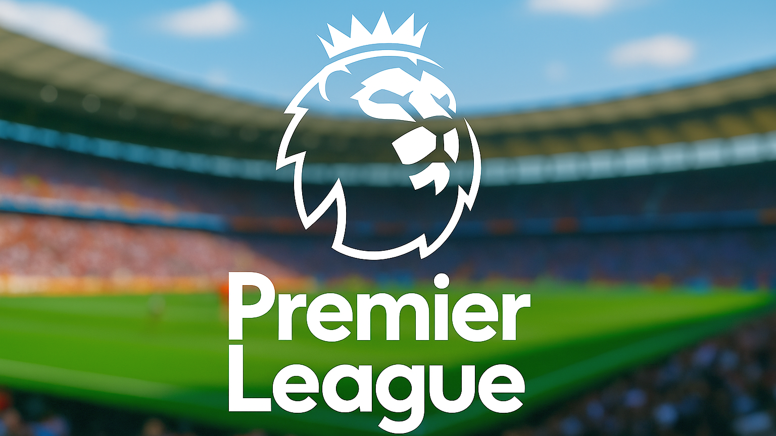 Premier League logo featuring a white crowned lion and text, on a blurred football stadium background.