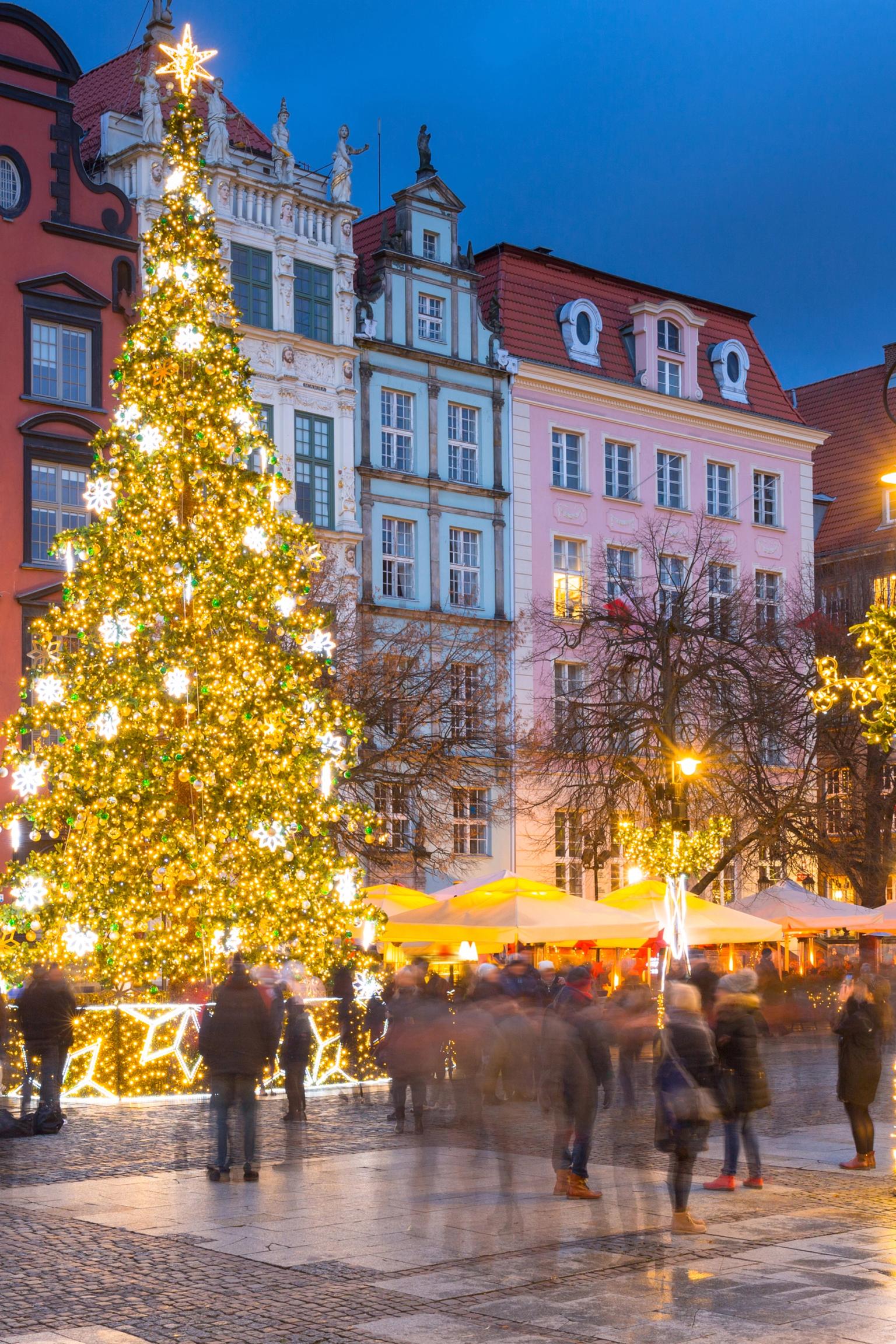 En livlig julmarknad i Gdansk i skymningen med en stor, upplyst julgran, folkmassor och historiska byggnader.