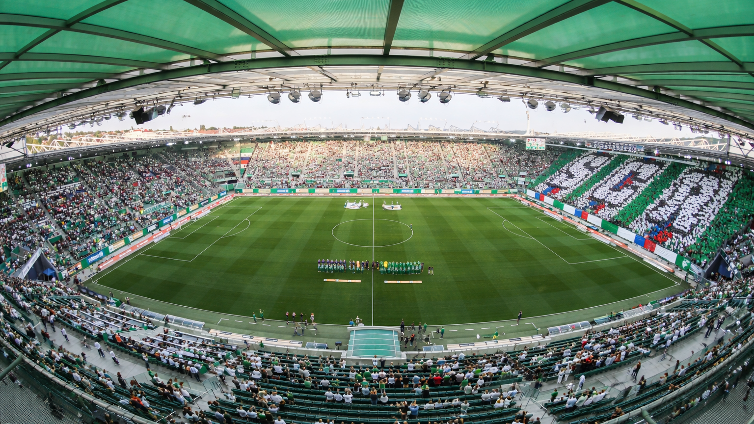 A soccer stadium filled with spectators in green and white, forming "1905" on one side, with players on the field.