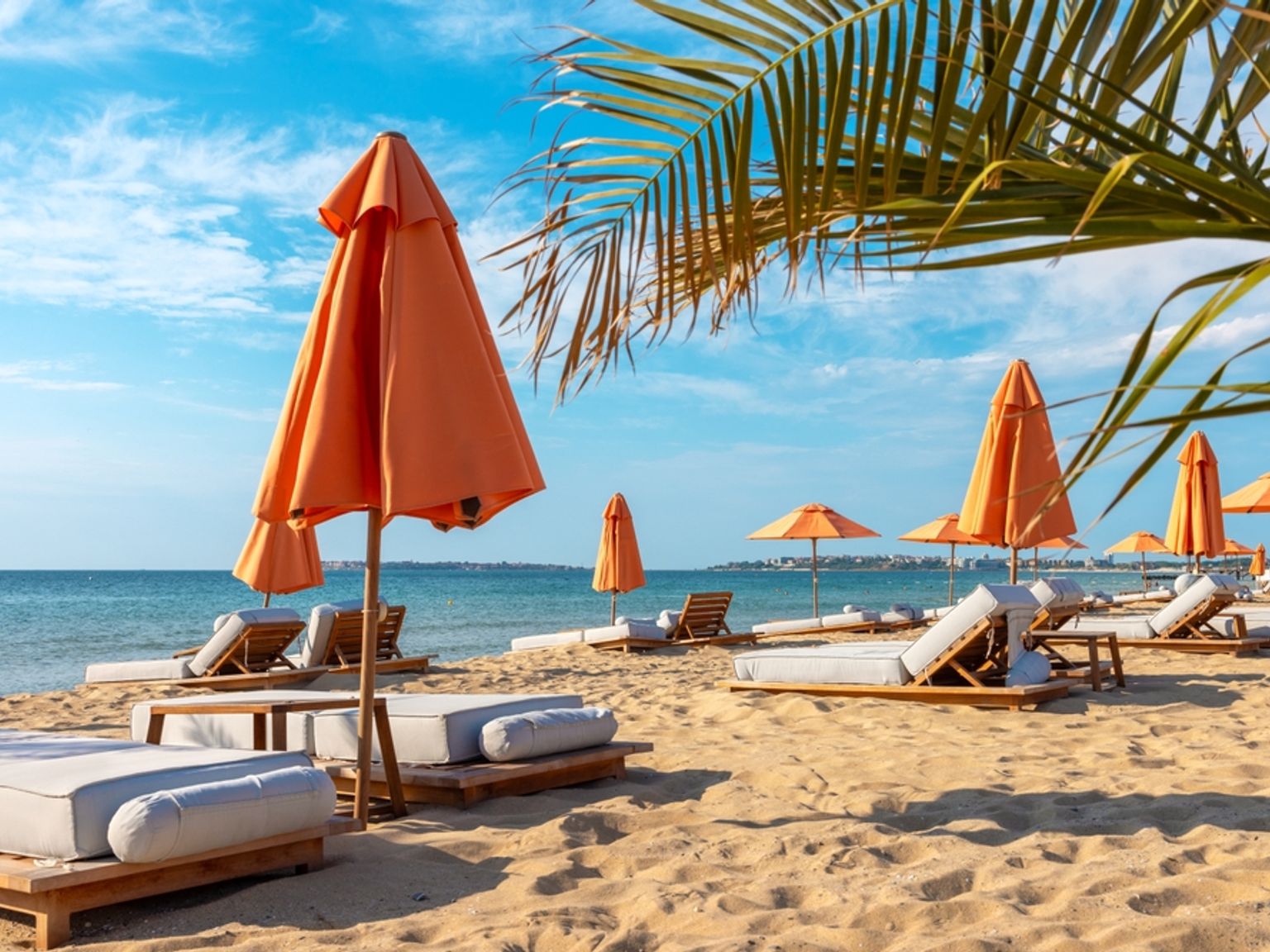 Oransje strandparasoller og solsenger på en sandstrand ved havet under en blå himmel.