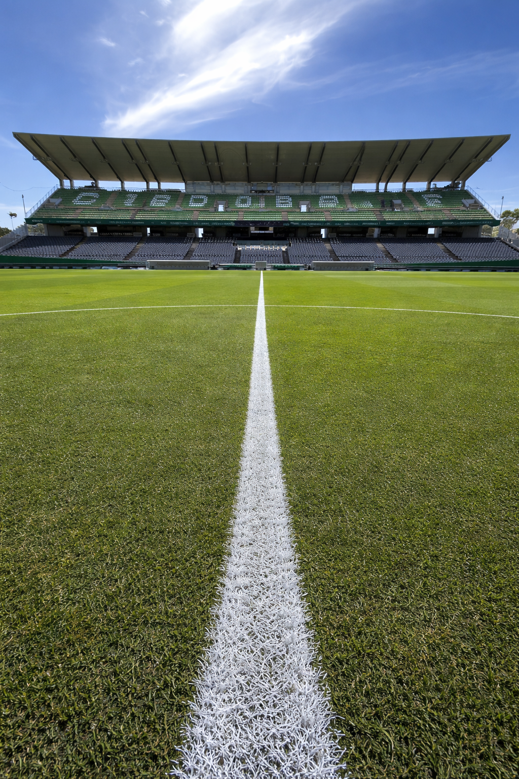 Empty sports stadium with a green field and a white center line leading to spectator stands under a blue sky.