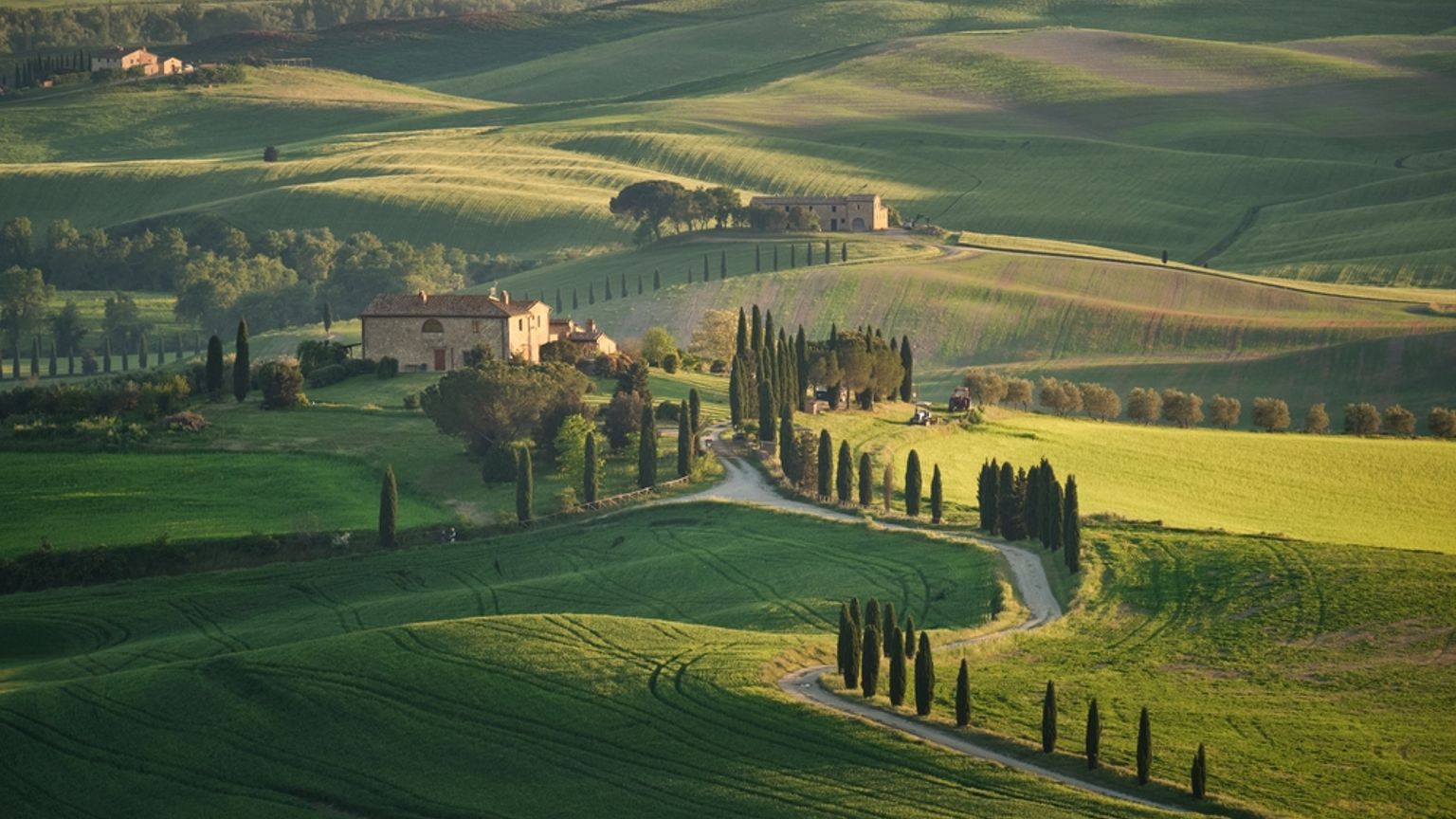 Et landskab af bølgende grønne bakker med stenbondegårde og snoede veje omgivet af høje cypresser. Pienza, Siena, Italien