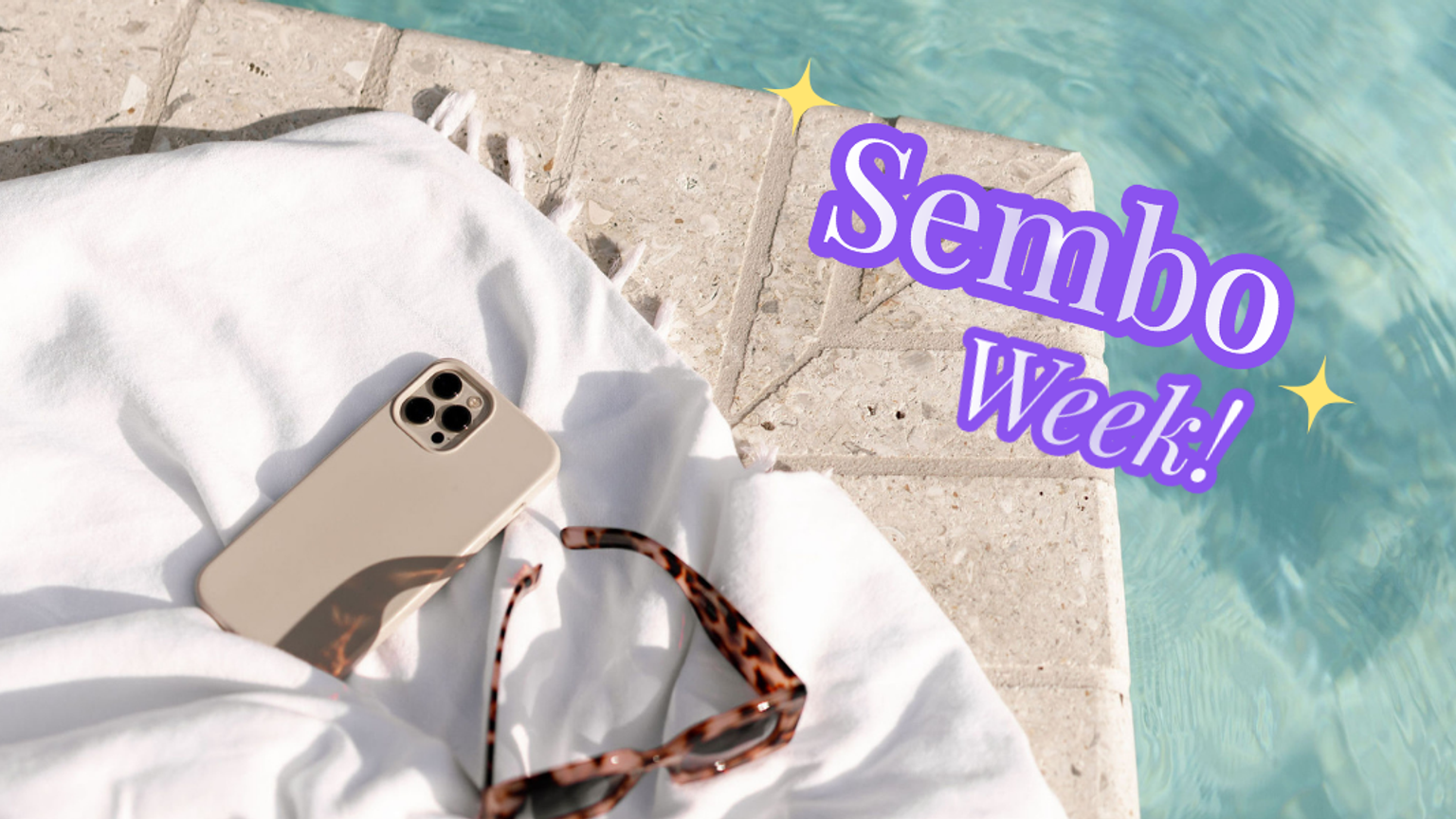Hvitt håndkle, beige smarttelefon og skilpaddemønstrede solbriller på stein ved et basseng med 'Sembo Week!' tekstoverlegg.