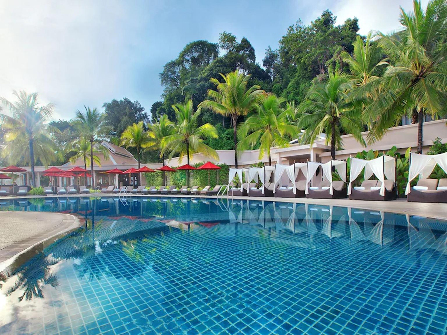 et stort svømmebasseng omgitt av palmetrær og paraplyer