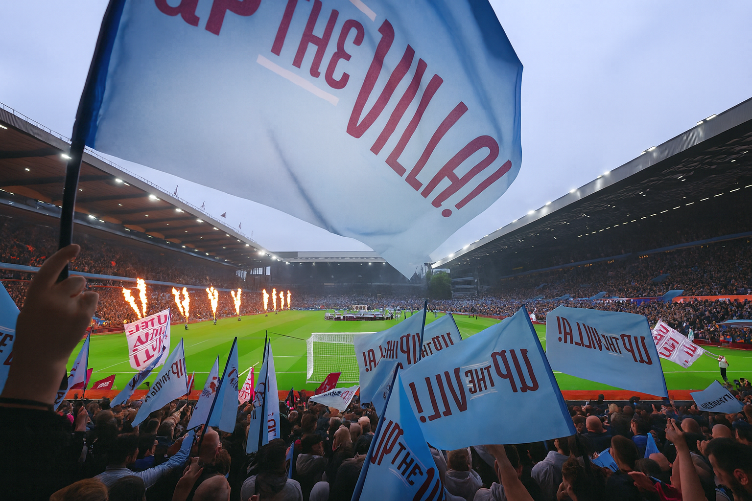 Ein vollbesetztes Fußballstadion mit Fans, die hellblaue 'UP THE VILLA!' Fahnen schwenken und Flammen, die vom Spielfeld aufsteigen.