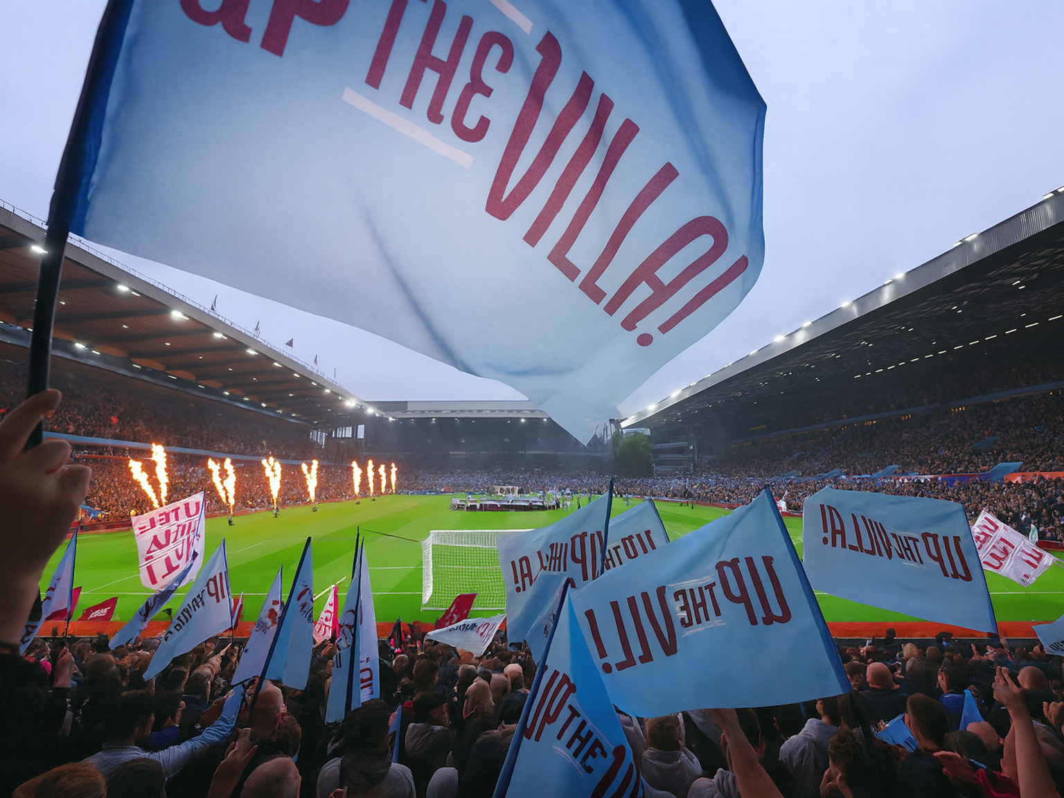 A packed football stadium with fans waving light blue 'UP THE VILLA!' flags and flames rising from the pitch.