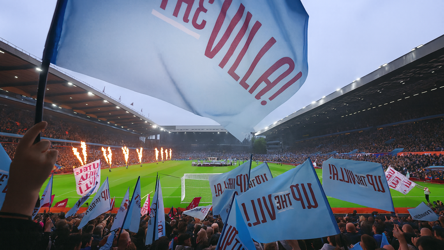 Ein vollbesetztes Fußballstadion mit Fans, die hellblaue 'UP THE VILLA!' Fahnen schwenken und Flammen, die vom Spielfeld aufsteigen.