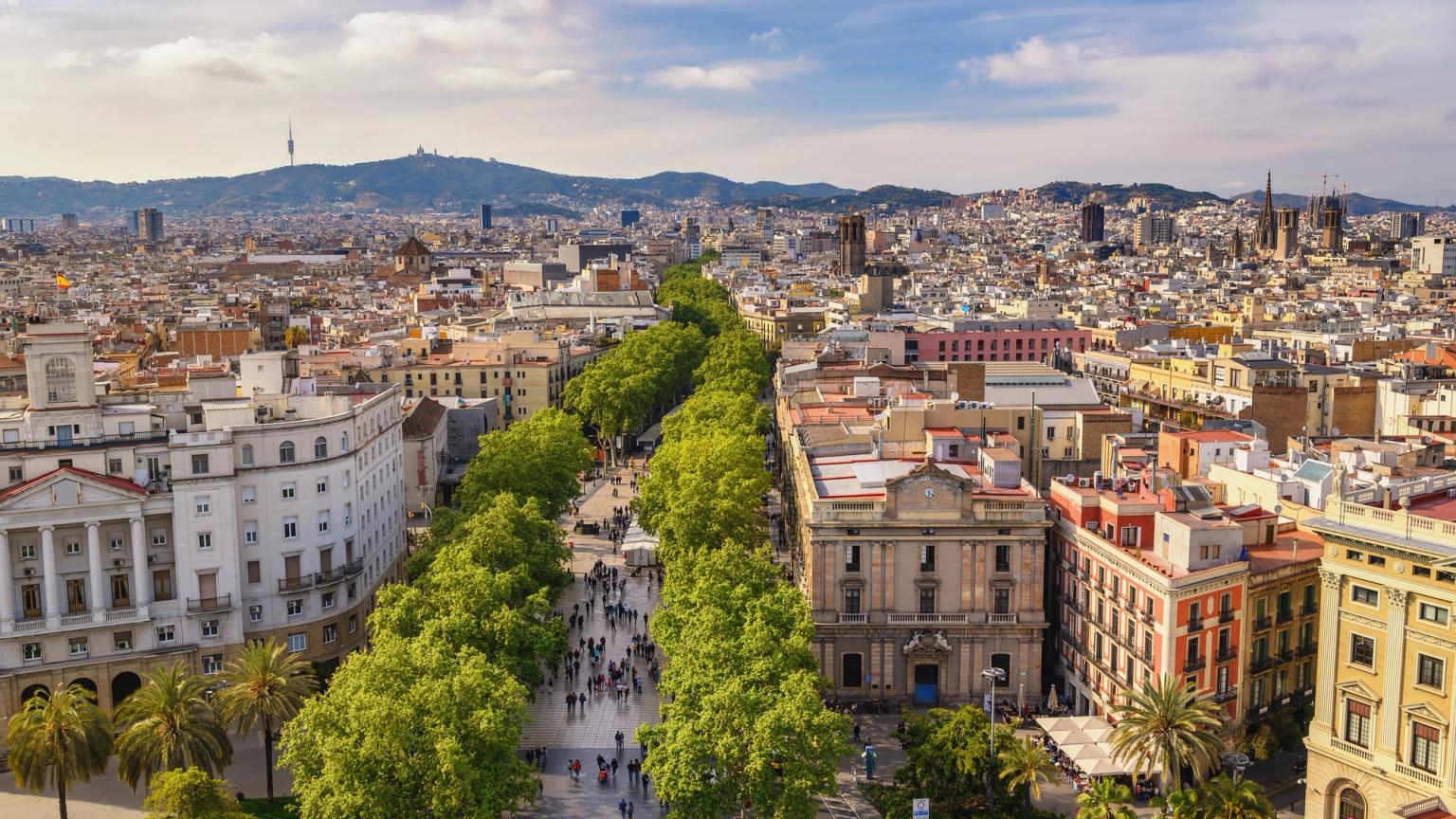 widok z lotu ptaka na Barcelonę z wieloma budynkami i drzewami.