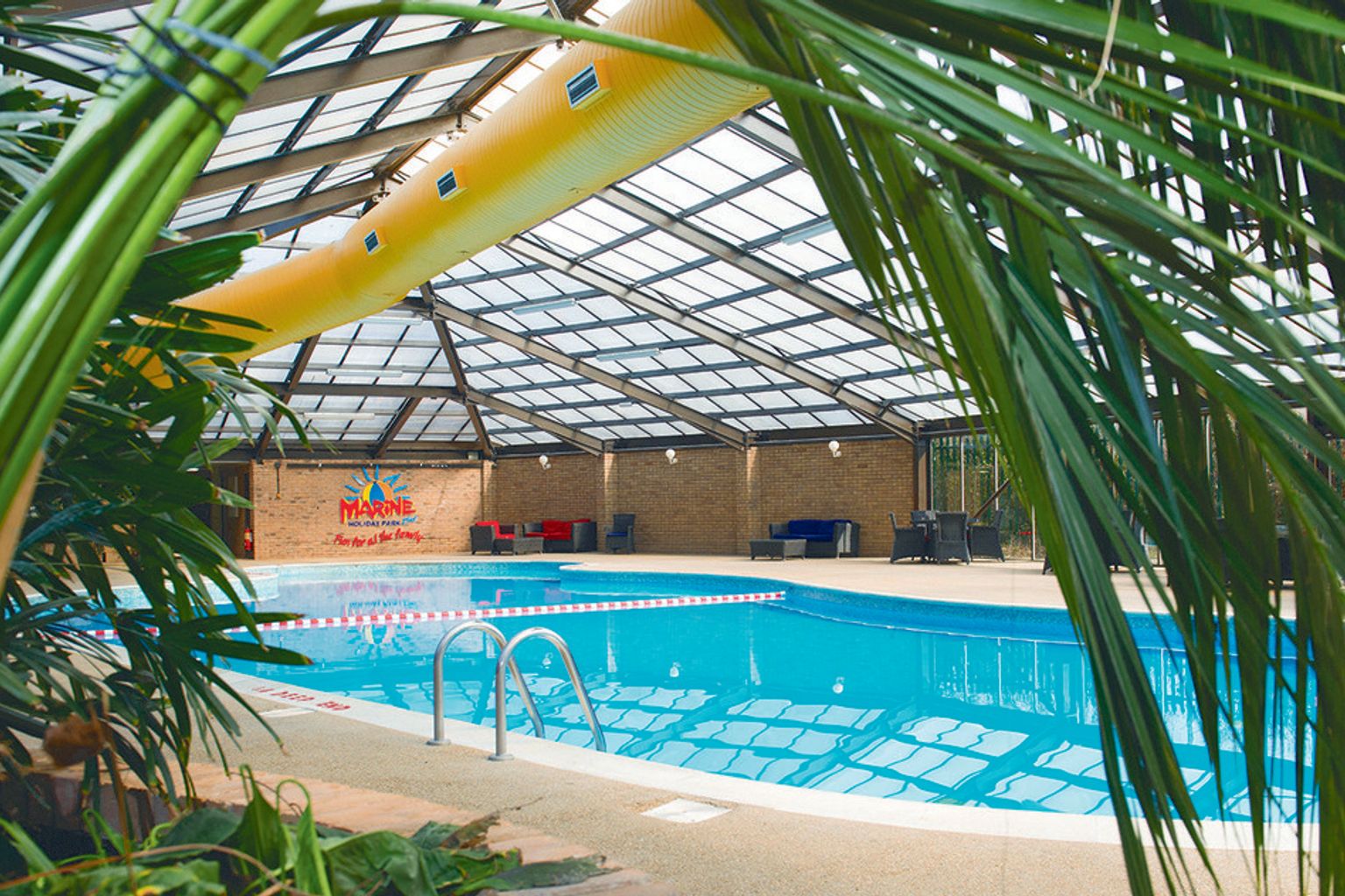 a large indoor swimming pool with a covered roof surrounded by palm trees