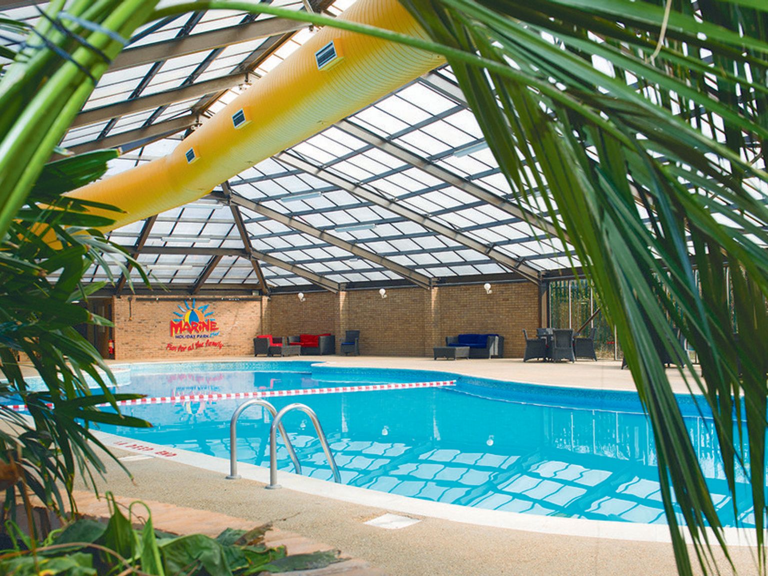 a large indoor swimming pool with a covered roof surrounded by palm trees