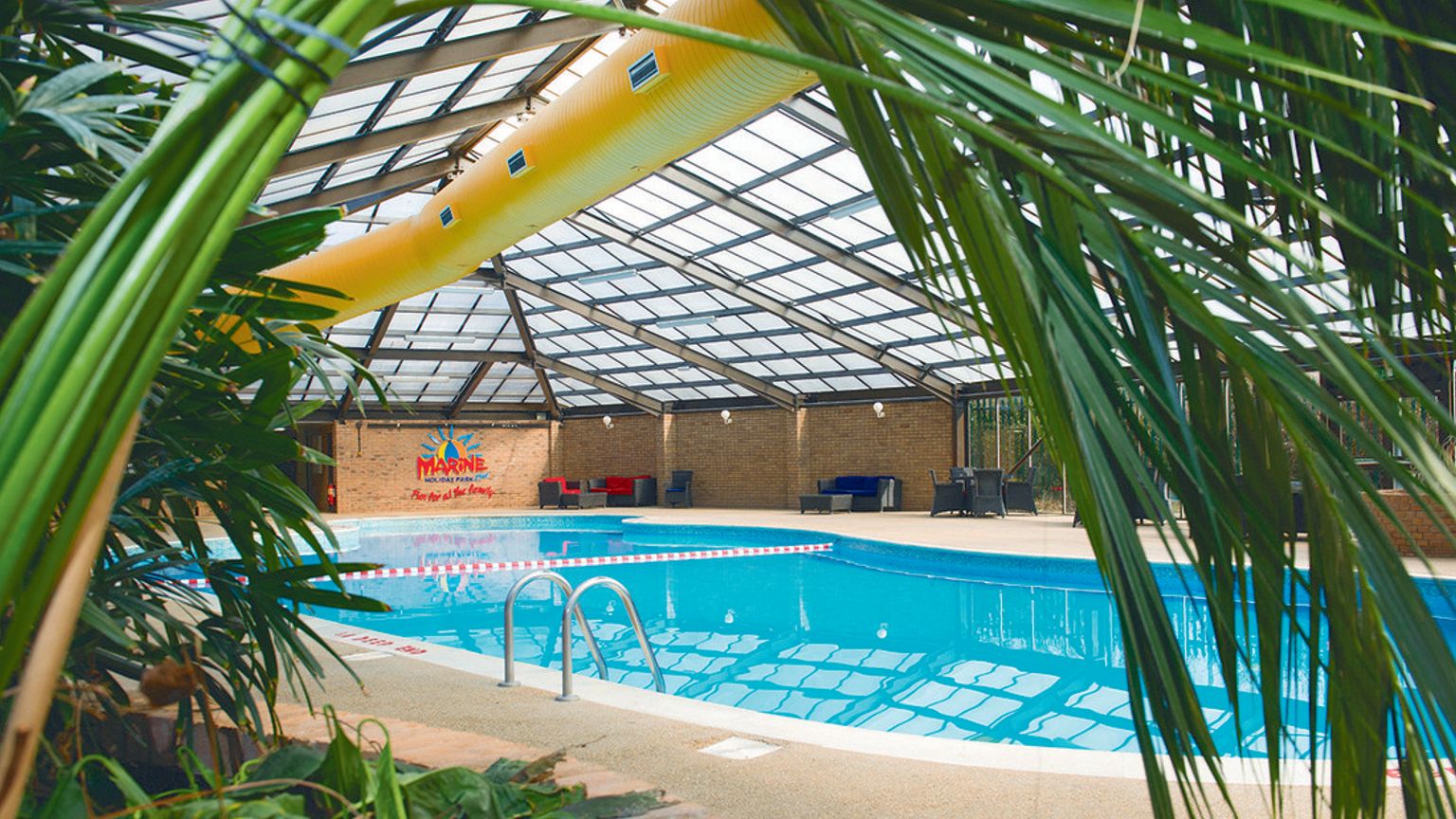 a large indoor swimming pool with a covered roof surrounded by palm trees