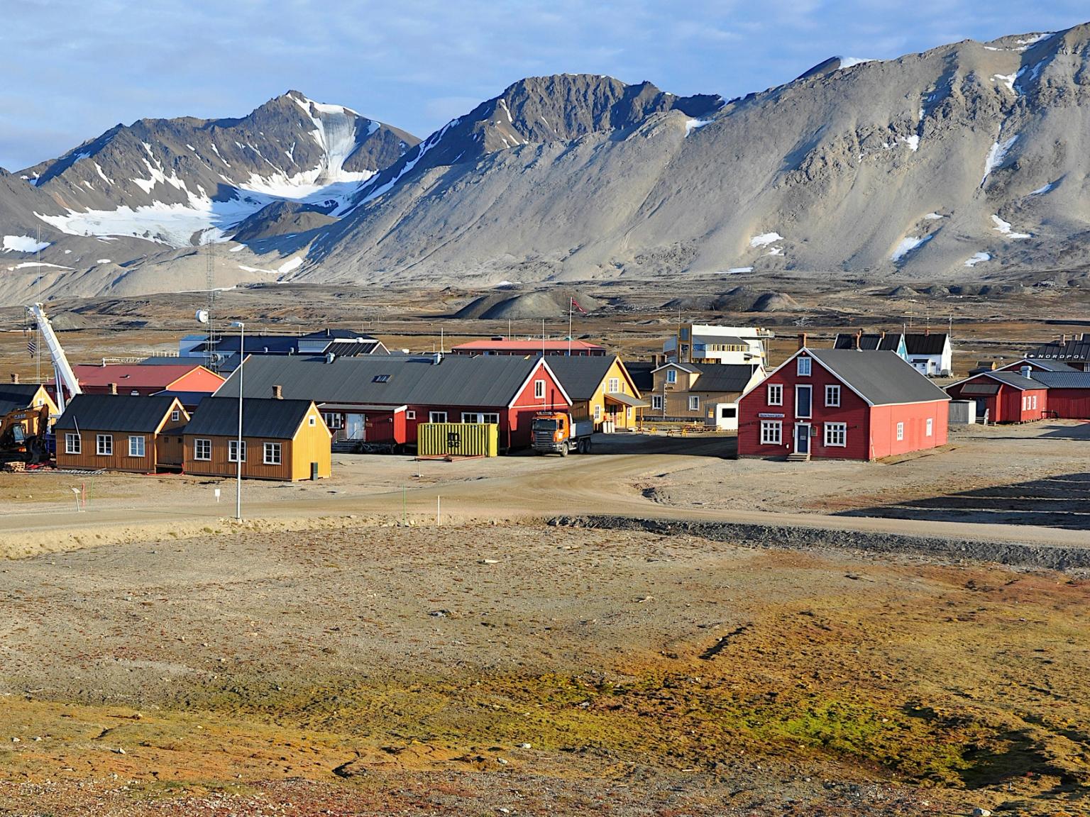 una fila de casas coloridas en medio de un campo con montañas en el fondo