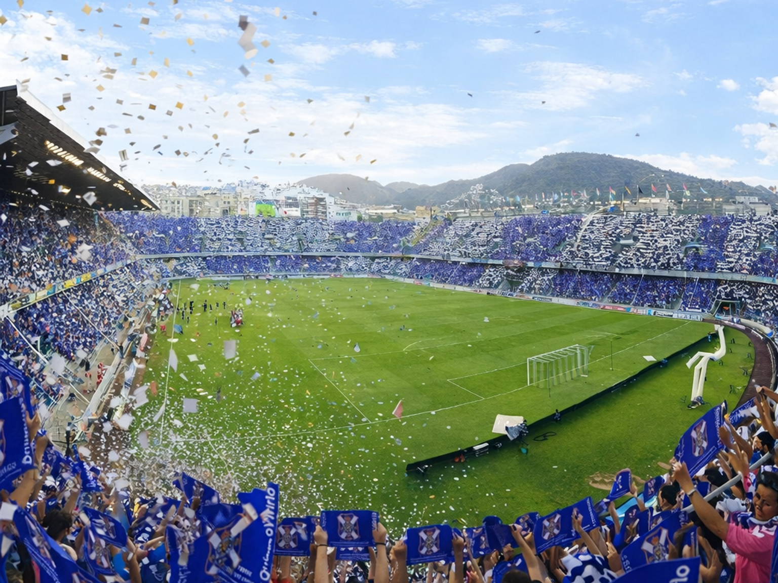 Een levendig voetbalstadion gevuld met blauw en wit geklede fans die juichen met vlaggen terwijl confetti naar beneden regent.