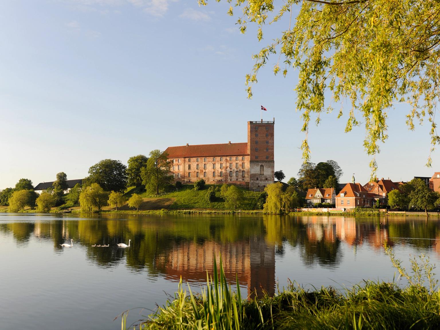 ett stort slott speglas i vattnet av en sjö