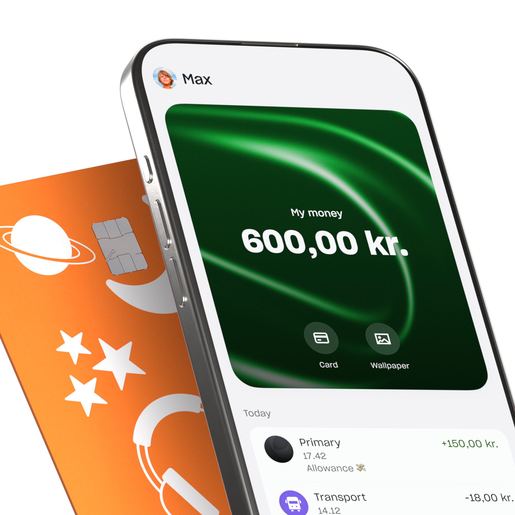 A smartphone showing a youth bank account with a balance and transactions, displayed next to a physical orange payment card decorated with space and music icons.