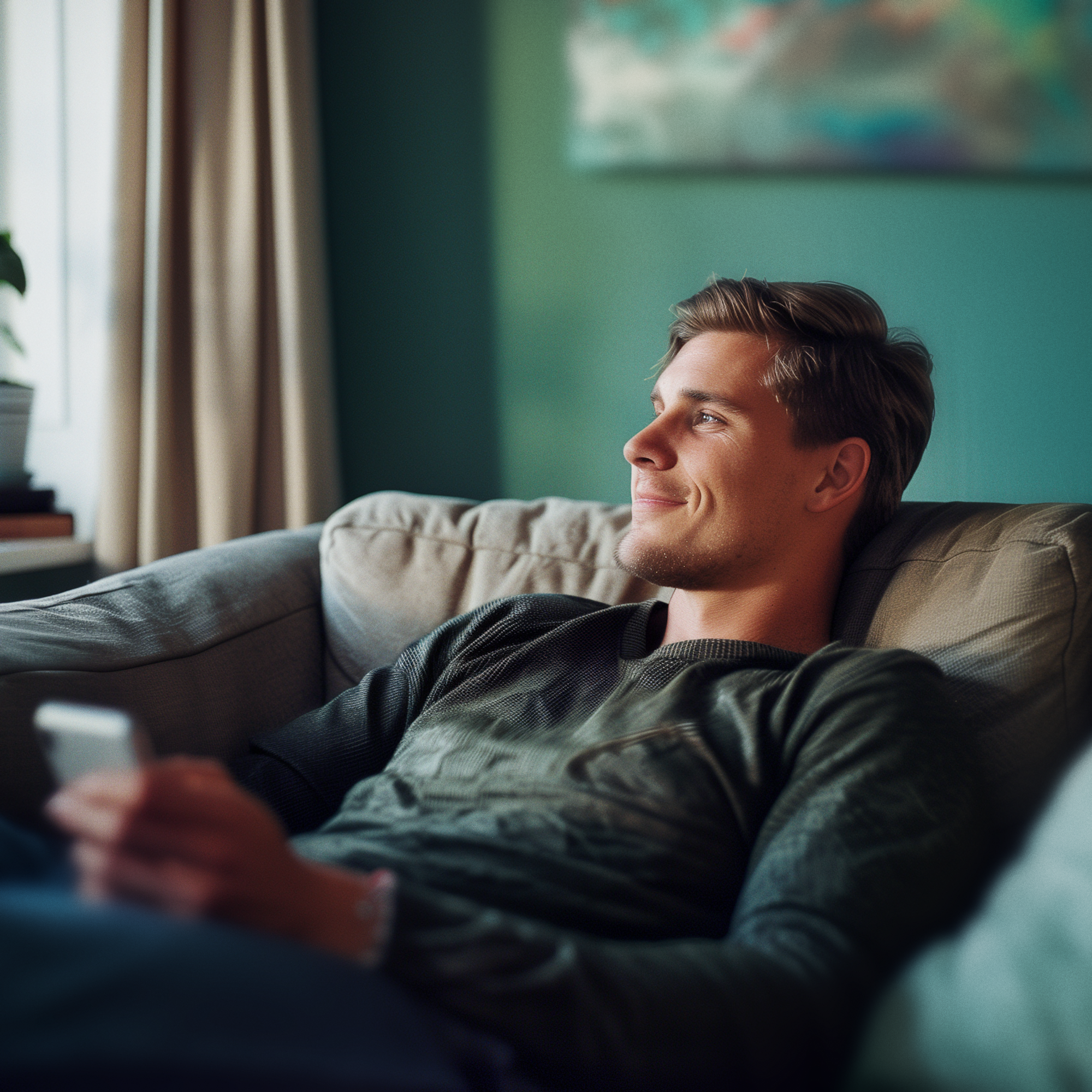 En mand slapper af på en sofa i en hyggelig stue, mens han holder en smartphone. Han smiler tilfreds, mens han kigger ud til siden mod et vindue.