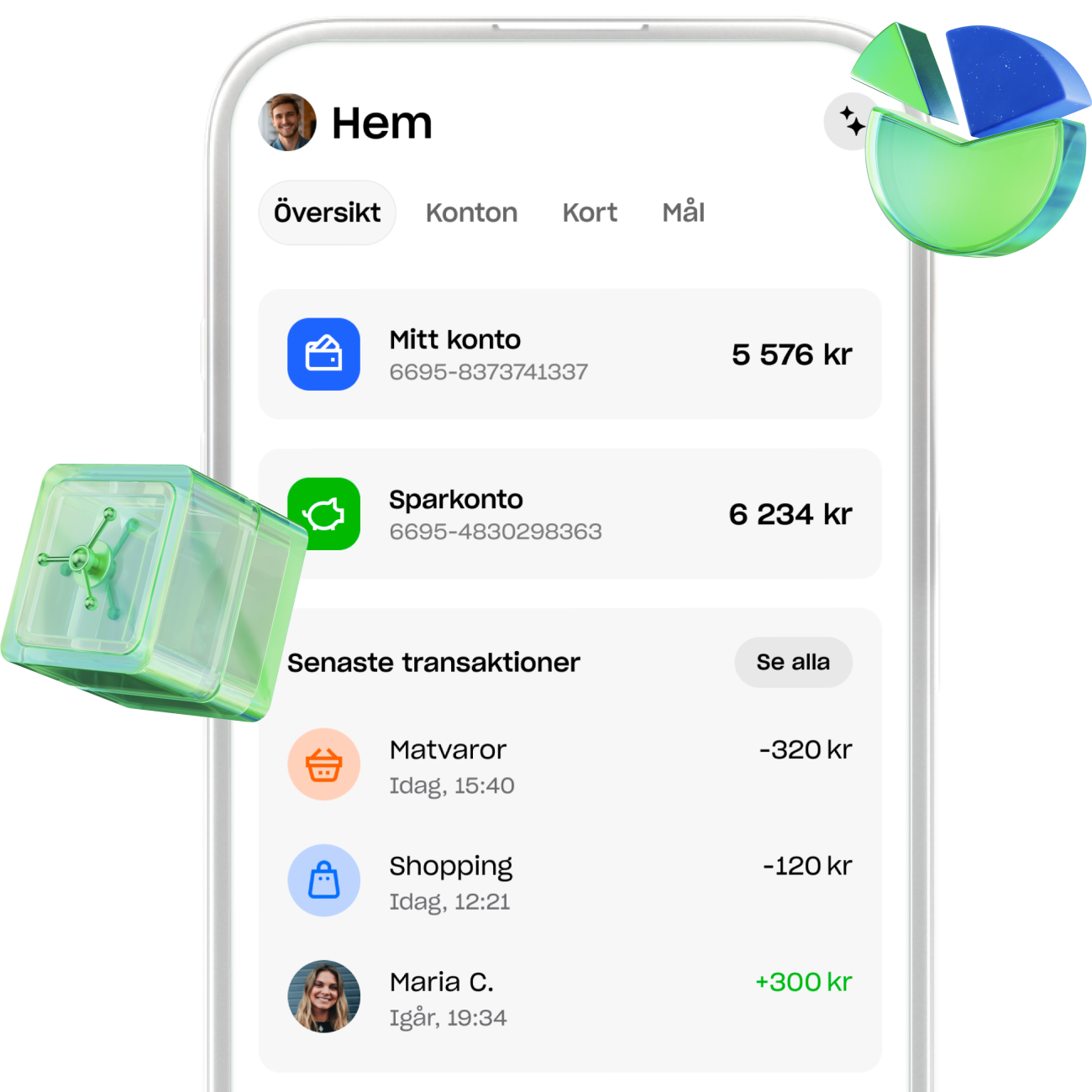Skärmdump av en mobilbanks hemskärm som visar en översikt över konton och en lista över de senaste transaktionerna, inklusive "Matvaror" och "Shopping".