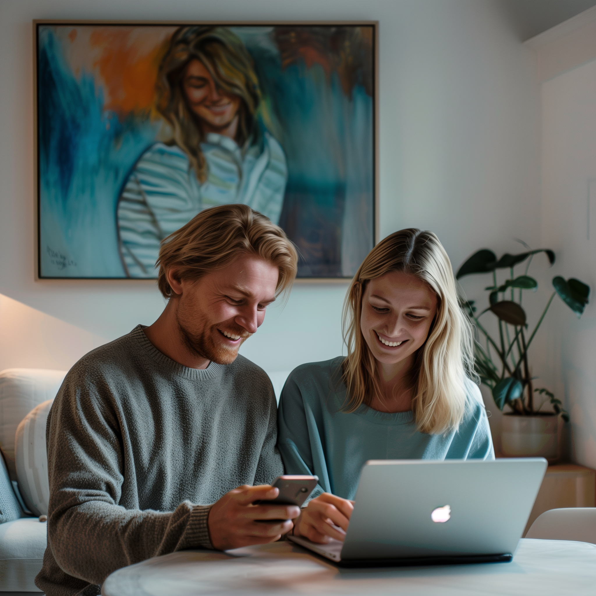 En smilende mann og kvinne sitter sammen ved et bord i hjemmet sitt og ser glade på en smarttelefon og en bærbar PC.