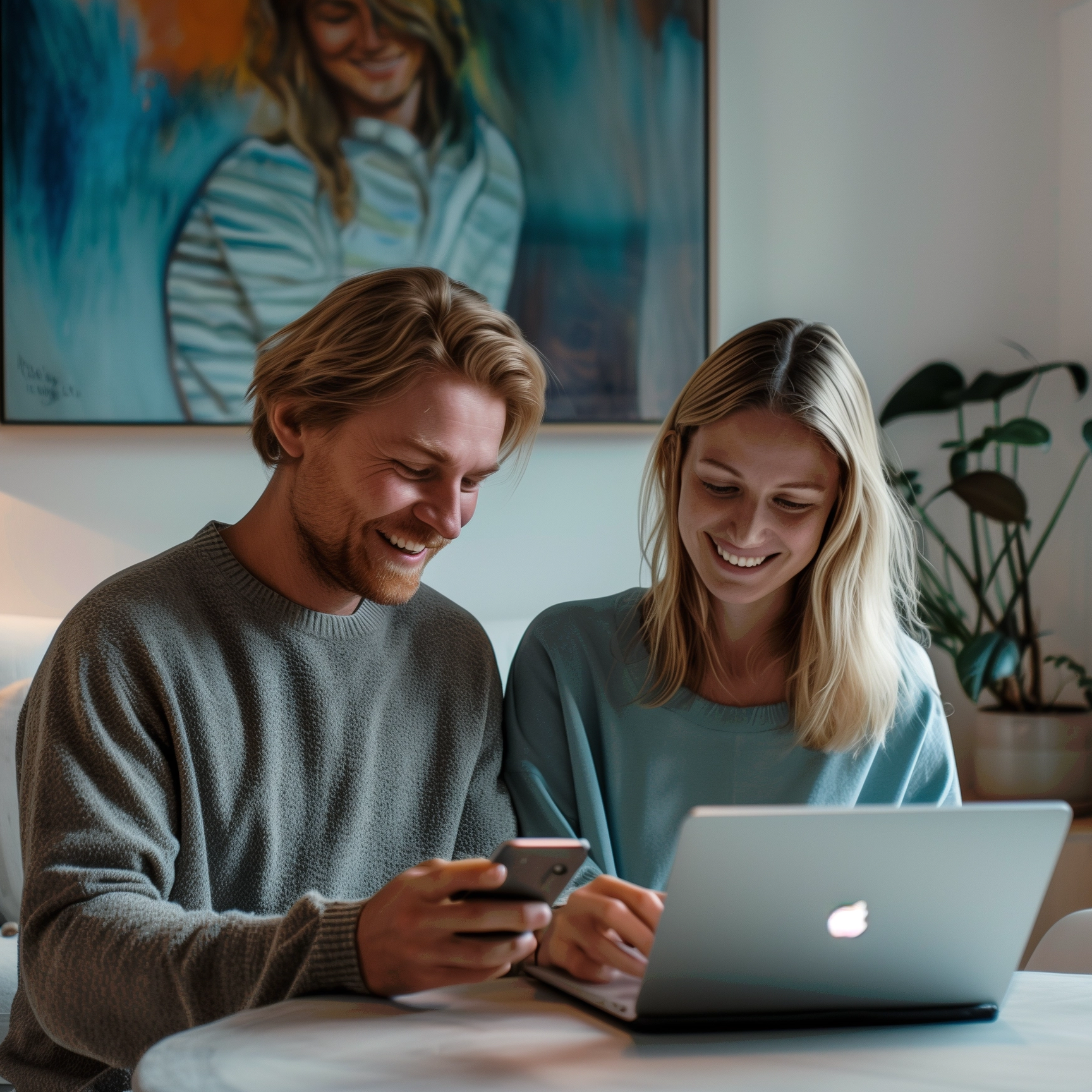 En smilende mand og kvinde sidder sammen ved et bord i deres hjem og kigger på en smartphone og en bærbar computer.