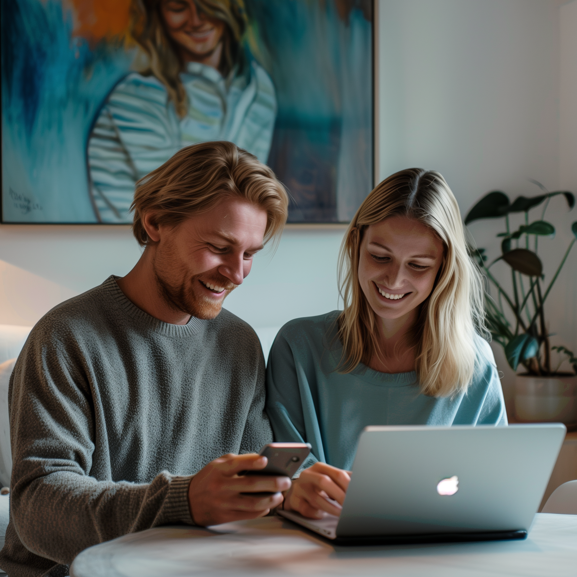En smilende mand og kvinde sidder sammen ved et bord i deres hjem og kigger på en smartphone og en bærbar computer.