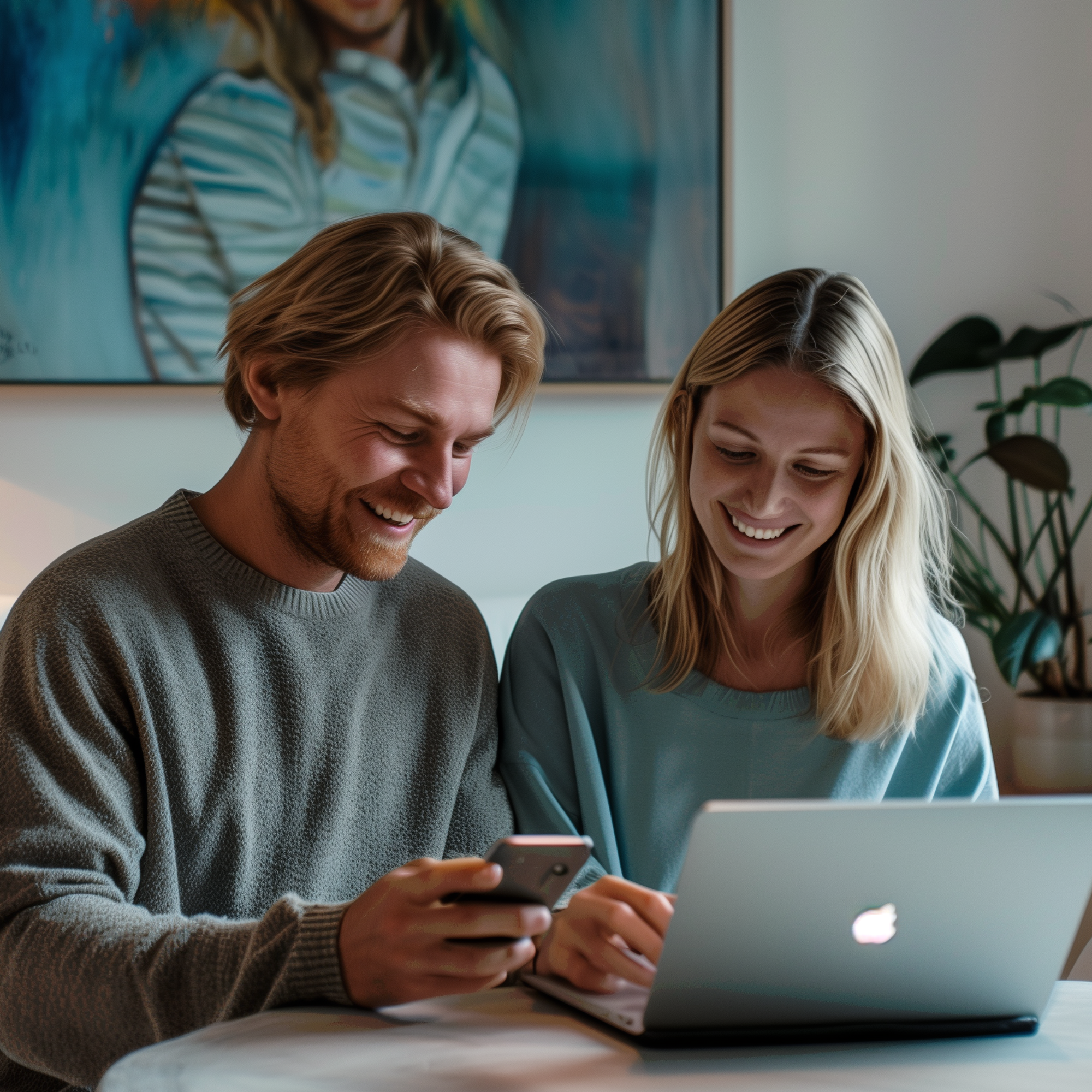 En smilende mand og kvinde sidder sammen ved et bord i deres hjem og kigger på en smartphone og en bærbar computer.