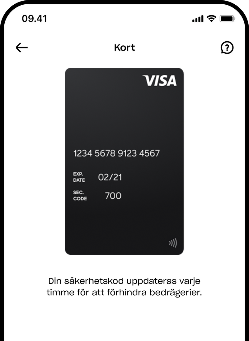 En skärmdump av en mobilapp som visar ett digitalt Visa-korts fullständiga nummer och en notis som förklarar att säkerhetskoden ändras varje timme för att förhindra bedrägeri.
