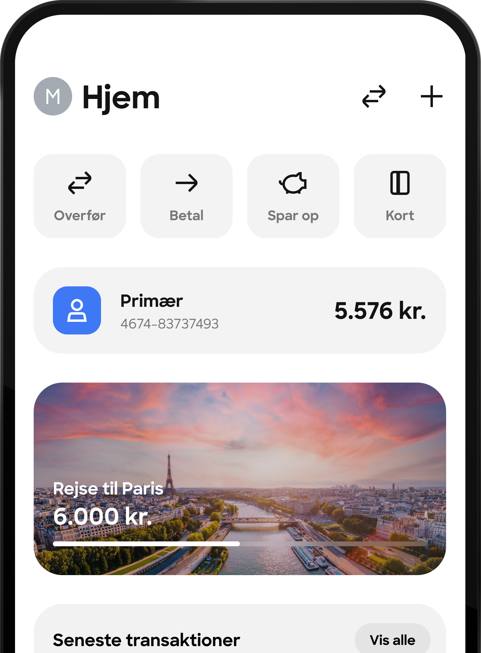 Skærmbillede af en mobilbanks startskærm. Skærmen, med titlen "Hjem", viser en oversigt over konti som "Primær" og "Budget" med deres saldi.