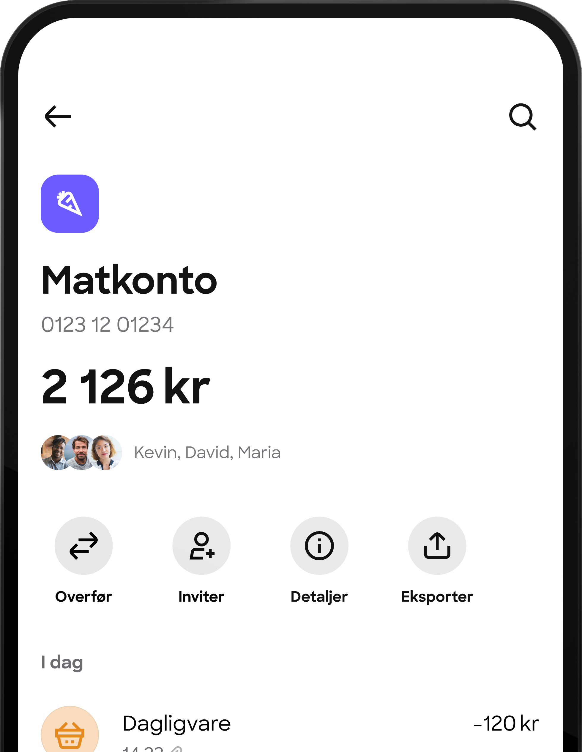 Skjermbilde av en delt "Food account"-konto i en mobilapp. Den viser saldoen, medlemmene som deler kontoen, og en nylig dagligvaretransaksjon.