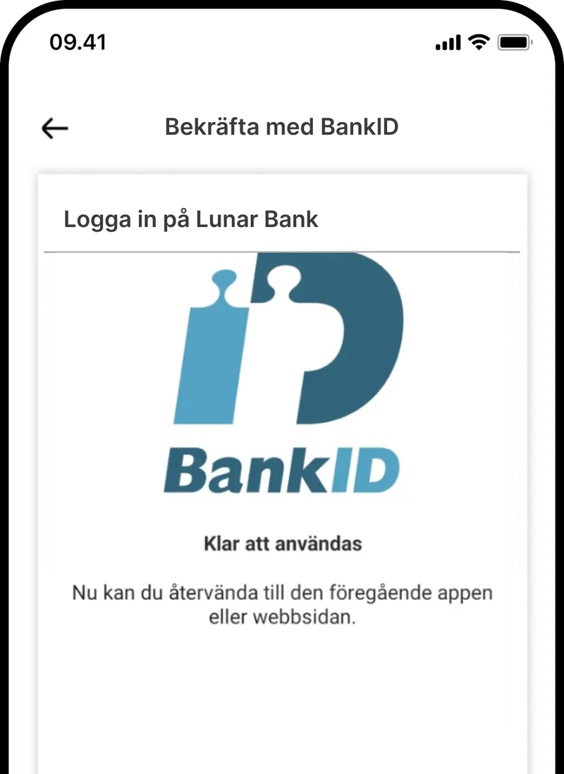 En skärmdump av BankID-appen som bekräftar en lyckad inloggning till Lunar Bank och instruerar användaren om att de nu kan återvända till den föregående appen eller webbsidan.