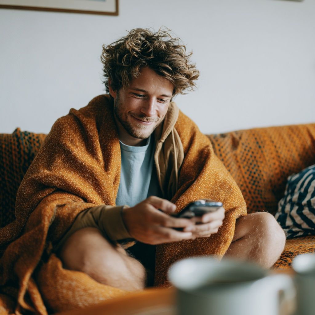 En smilende mand og kvinde sidder sammen ved et bord i deres hjem og kigger på en smartphone og en bærbar computer.