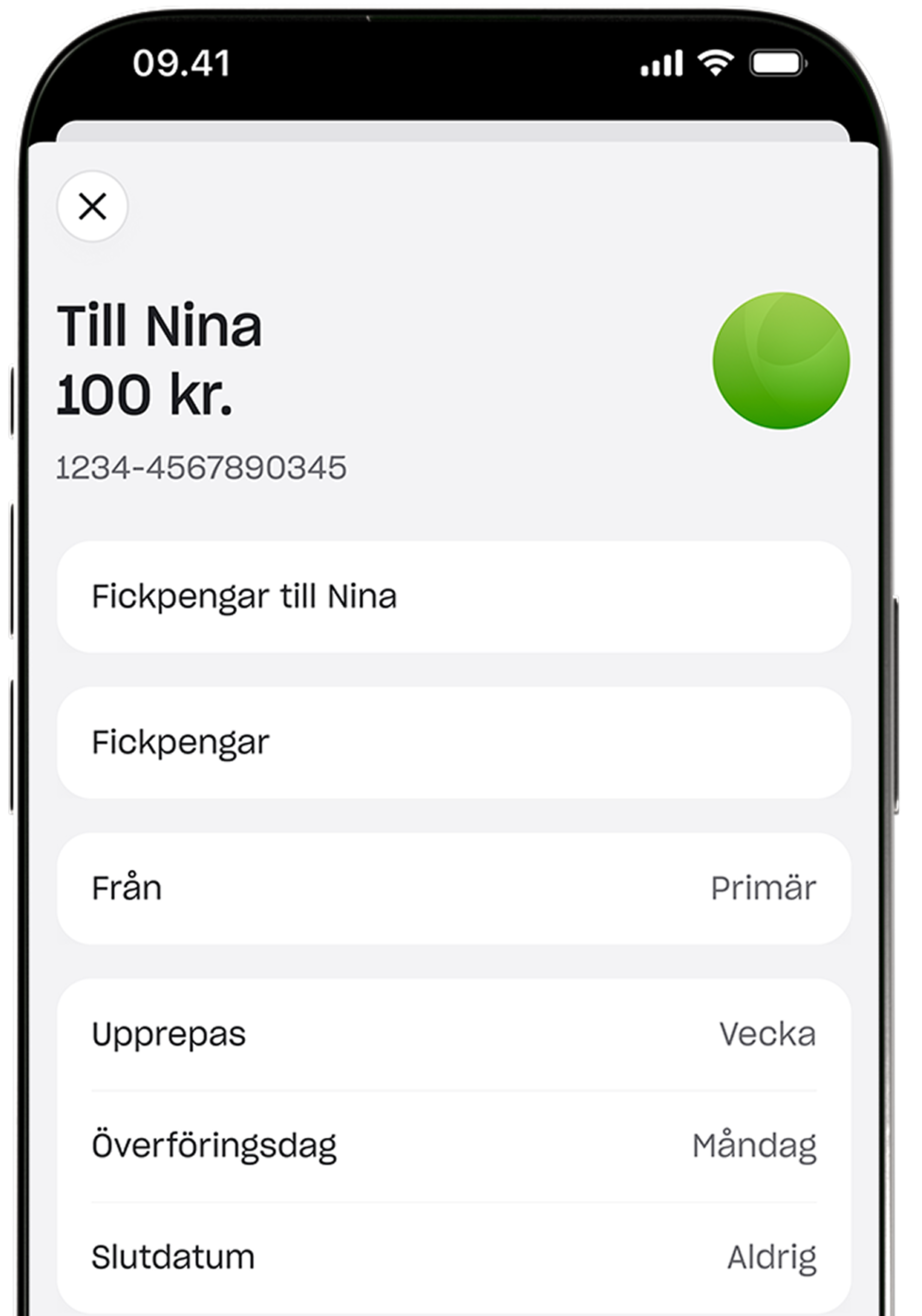 En skärmdump av en mobilapp för att ställa in en återkommande veckovis betalning av månadspeng på 100 kr till en mottagare vid namn Nina.
