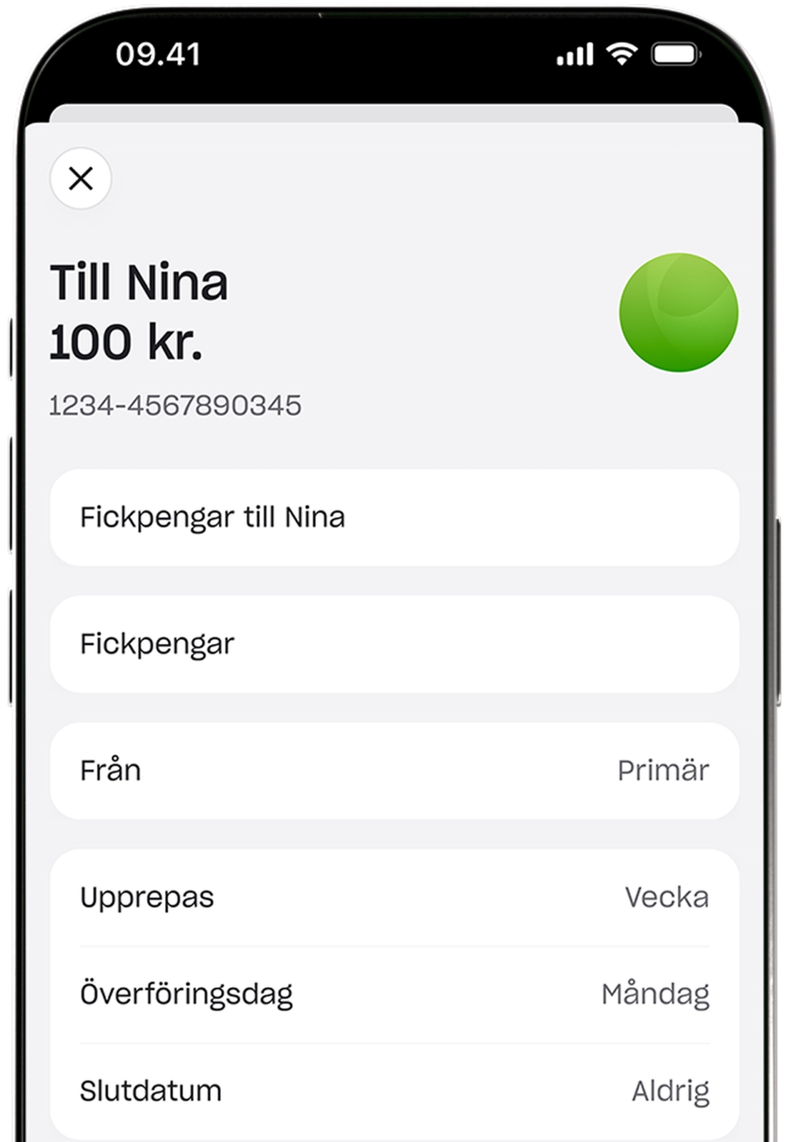 En skärmdump av en mobilapp för att ställa in en återkommande veckovis betalning av månadspeng på 100 kr till en mottagare vid namn Nina.