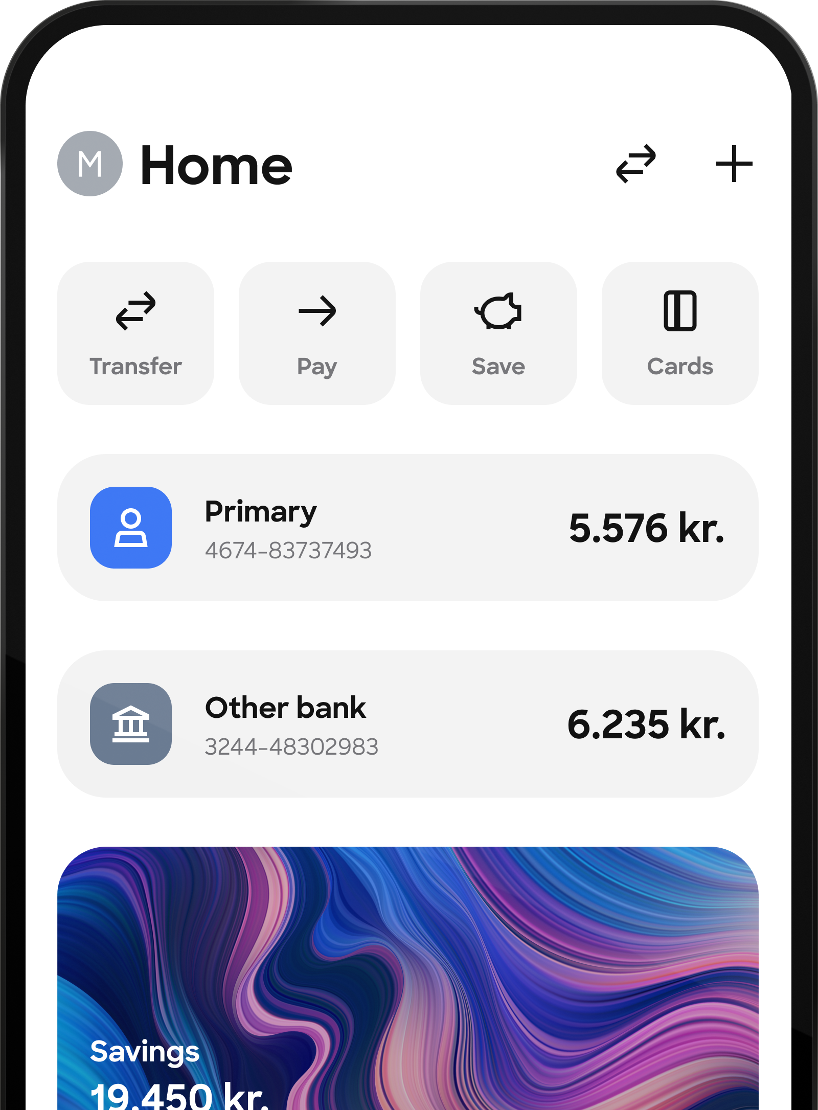A screenshot of a mobile banking app's home screen, showing quick action buttons and an overview of Primary, Other bank, and Savings accounts.