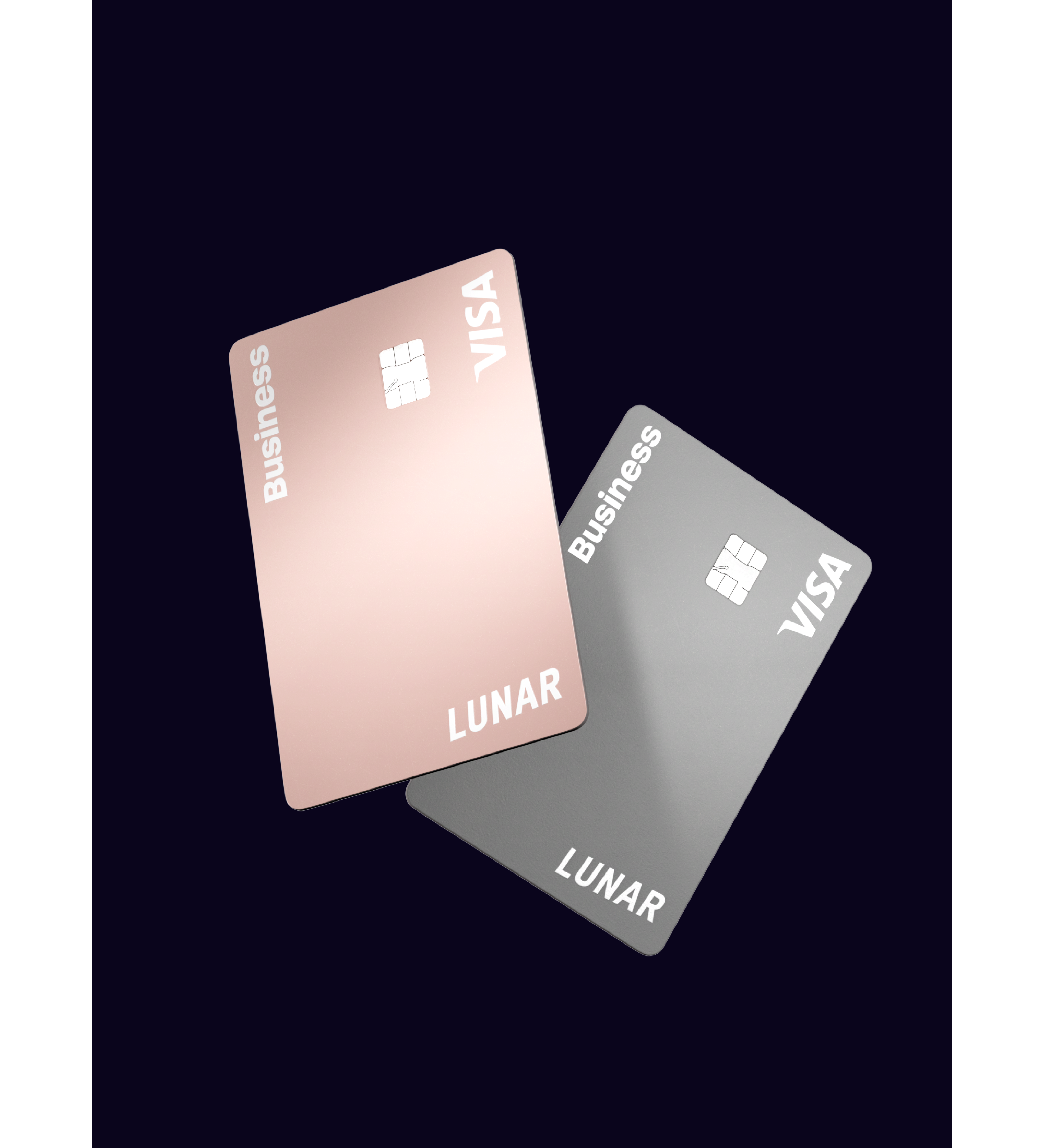 Två Lunar Business Visa-kort, ett i metalliskt roséguld och ett i silver, som visas svävande mot en mörk bakgrund.
