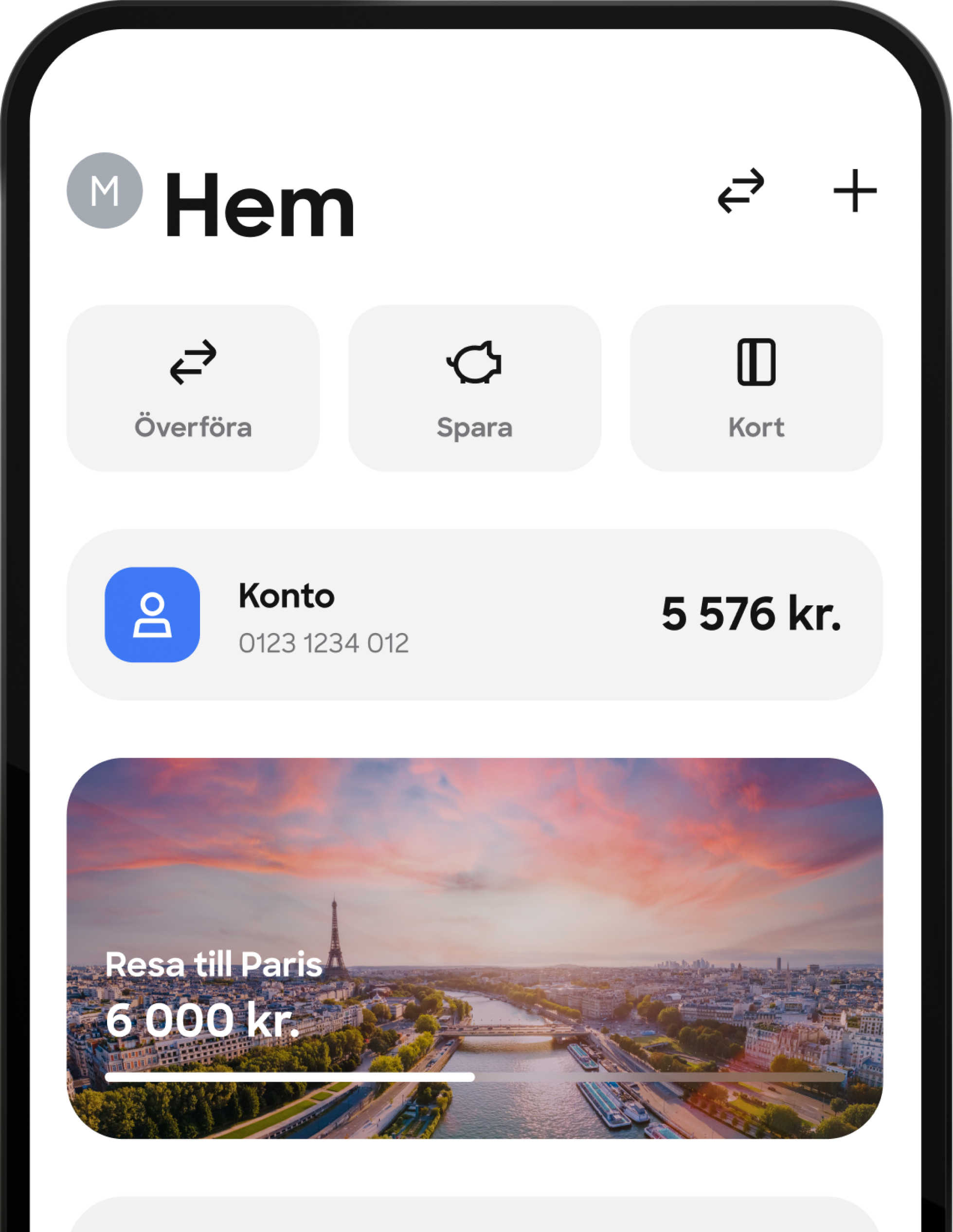 En skärmdump av en mobilbanks hemskärm som visar en översikt över ett primärt konto och ett sparmål för en "Resa till Paris".