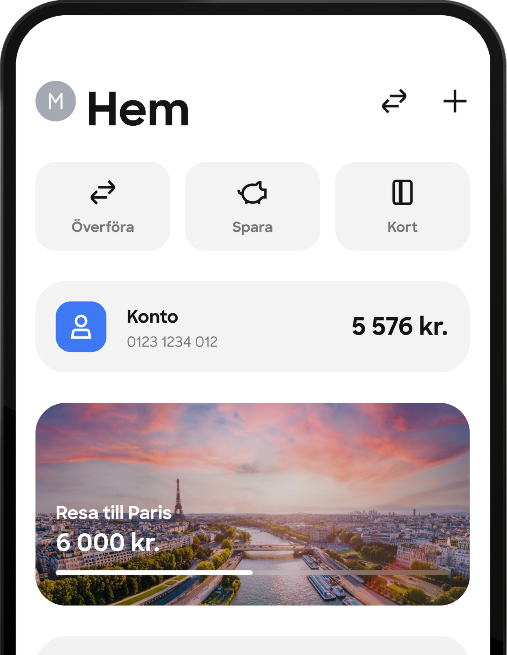 En skärmdump av en mobilbanks hemskärm som visar en översikt över ett primärt konto och ett sparmål för en "Resa till Paris".