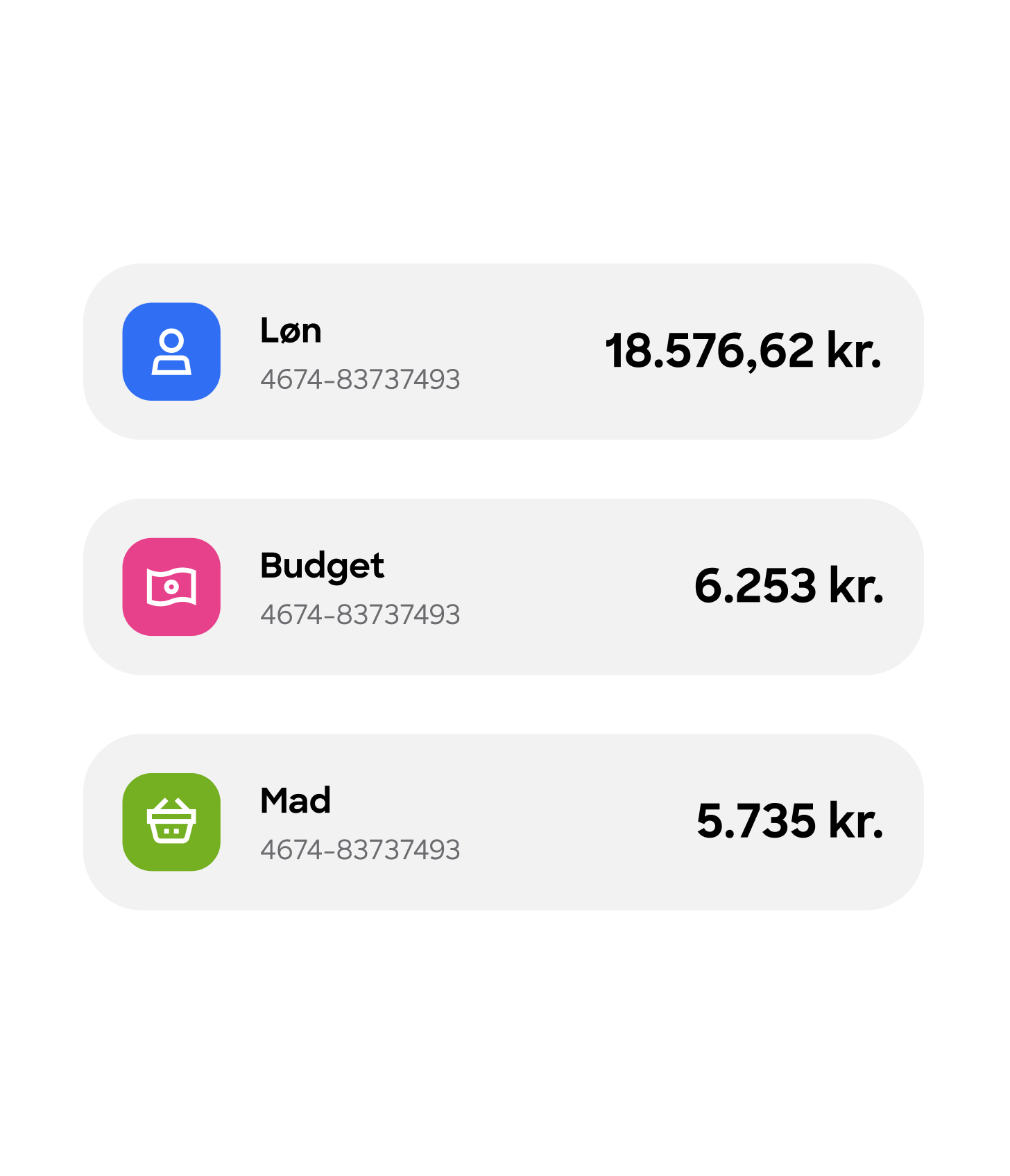Et UI-element, der viser en oversigt over tre konti: Salary (Løn), Budget og Food (Mad), hver med deres respektive saldo.