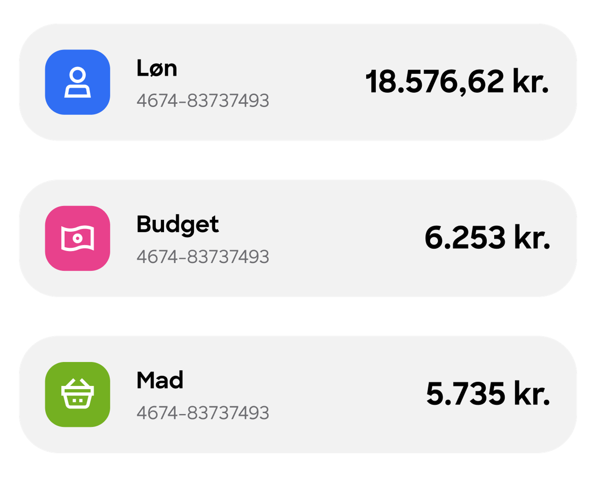 Et UI-element, der viser en oversigt over tre konti: Salary (Løn), Budget og Food (Mad), hver med deres respektive saldo.