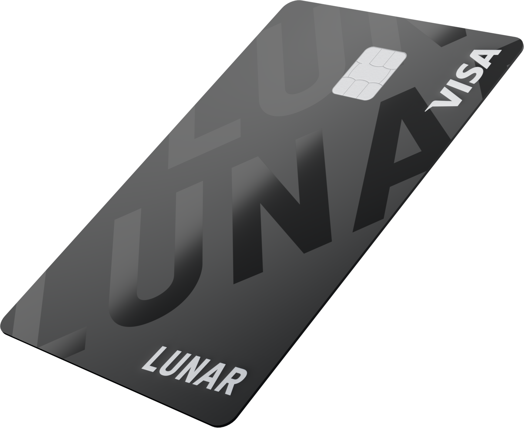 A black Lunar Visa card with a subtle, repeating pattern of the word "LUNAR" across its surface.