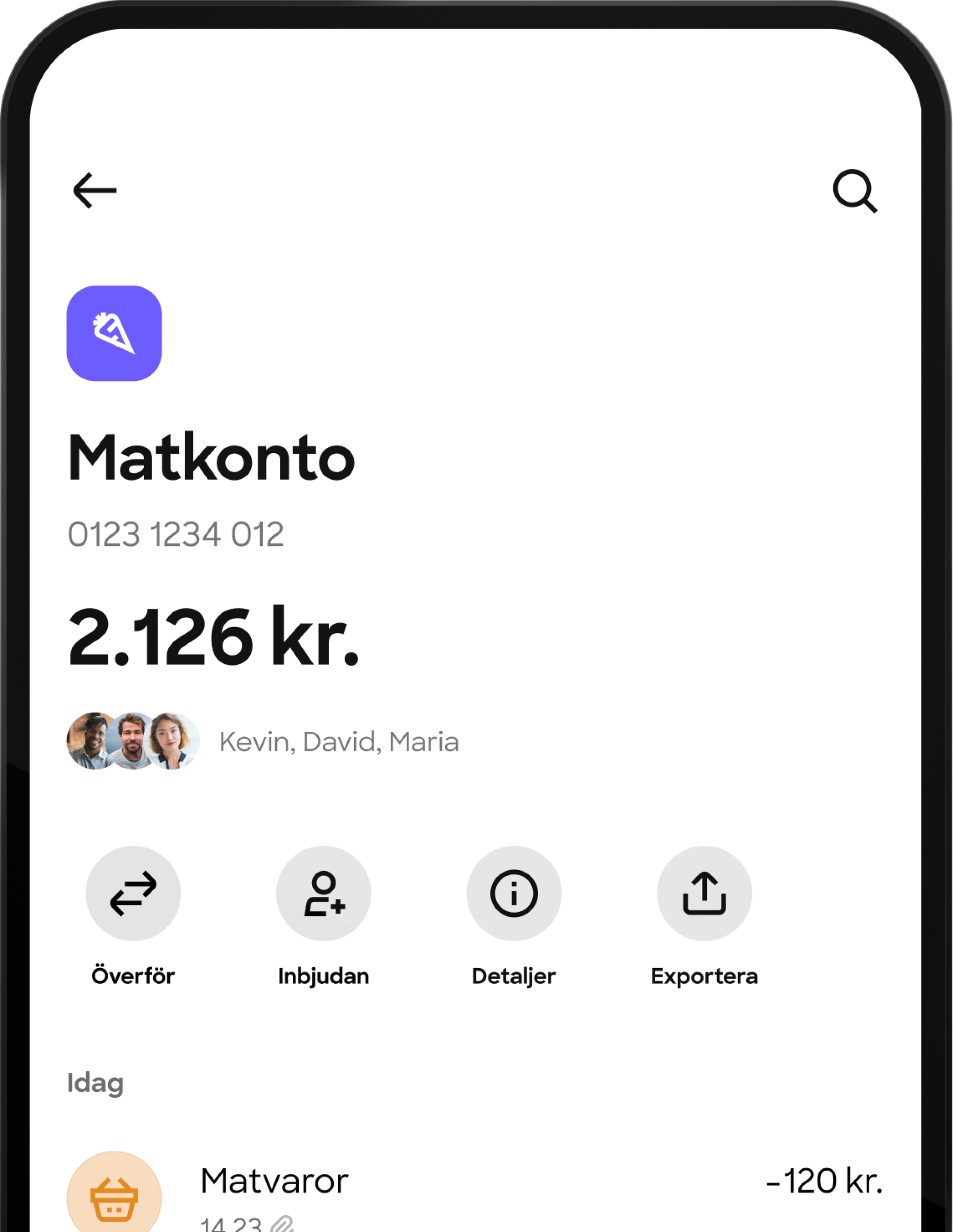 En skärmdump av ett delat "Matkonto"  i en mobilapp på danska. Den visar saldot, medlemmarna och en nyligen genomförd matvarutransaktion.