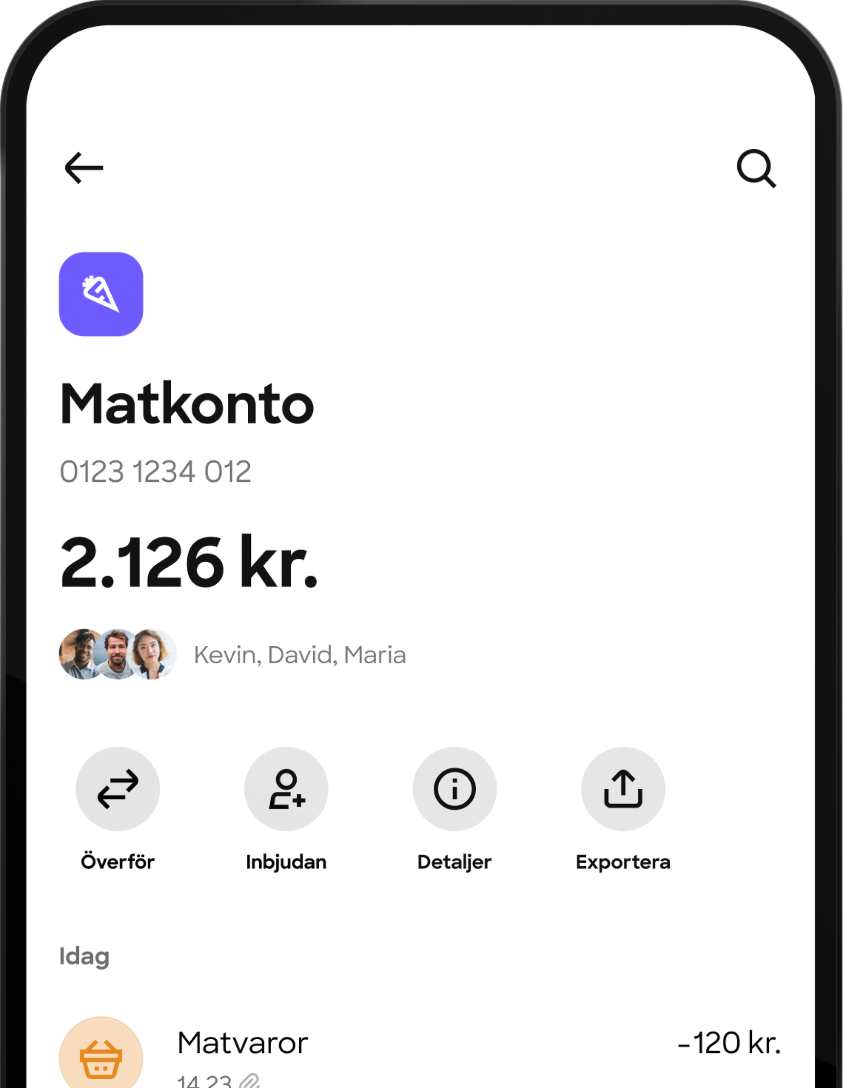 Skärmdump av ett delat "Food account" i en mobilapp. Den visar saldot, medlemmarna som delar kontot och en nyligen genomförd matvarutransaktion.