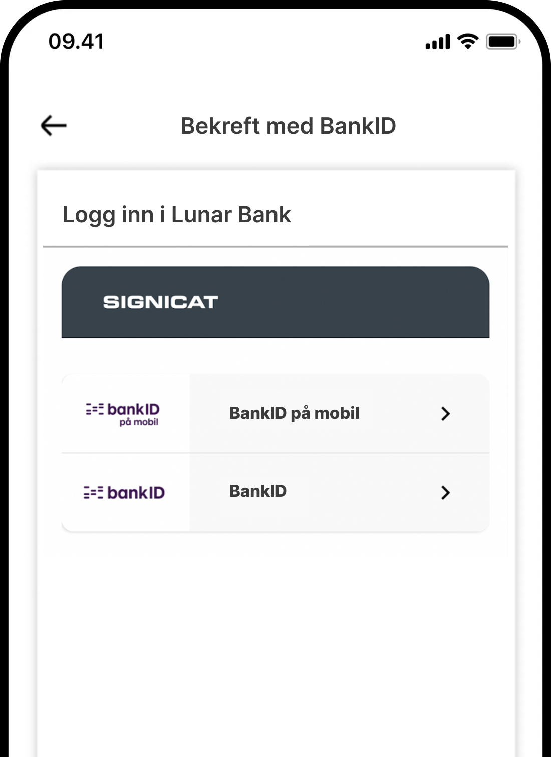 Skjermbilde av innloggingssiden for BankID til Lunar Bank, som gir valget mellom "BankID på mobil" og standard "BankID" for å bekrefte identiteten.