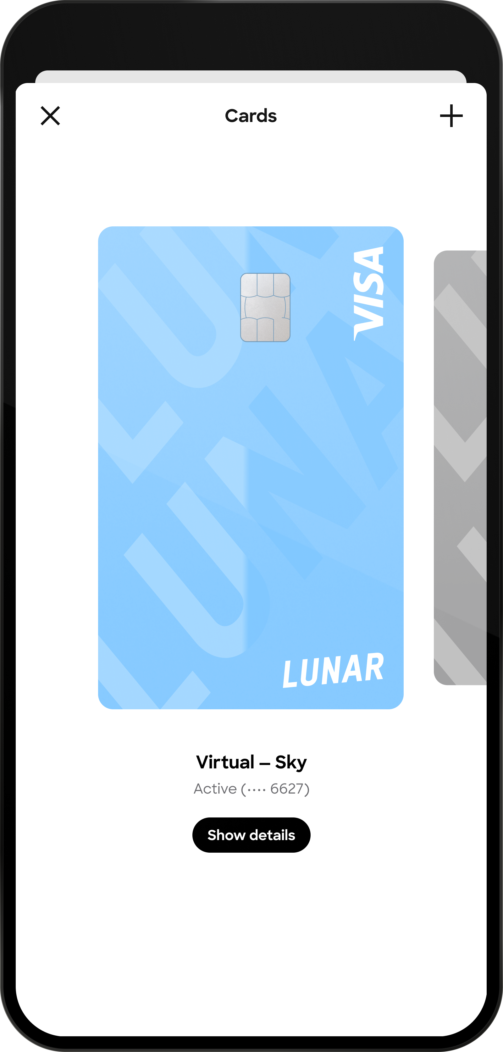 A screenshot of a mobile app's card screen in English, showing an active, light blue virtual Lunar Visa card with a button to view details.