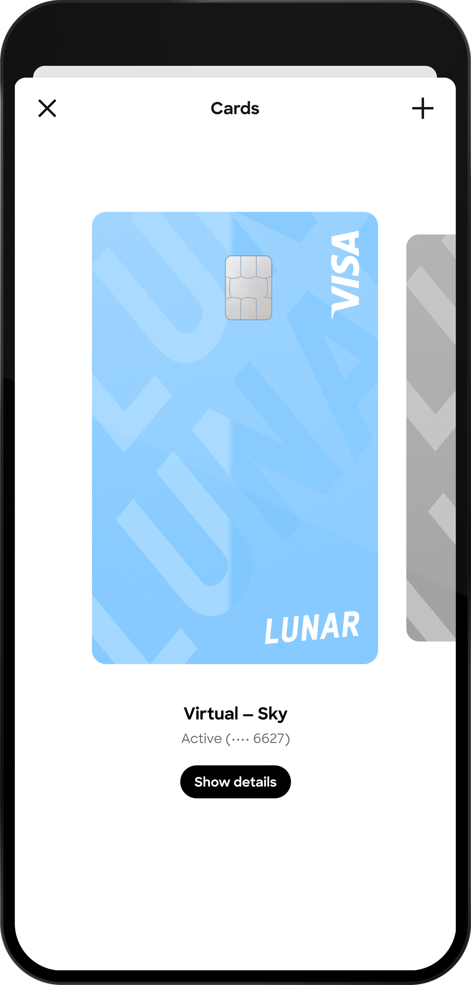 A screenshot of a mobile app's card screen in English, showing an active, light blue virtual Lunar Visa card with a button to view details.