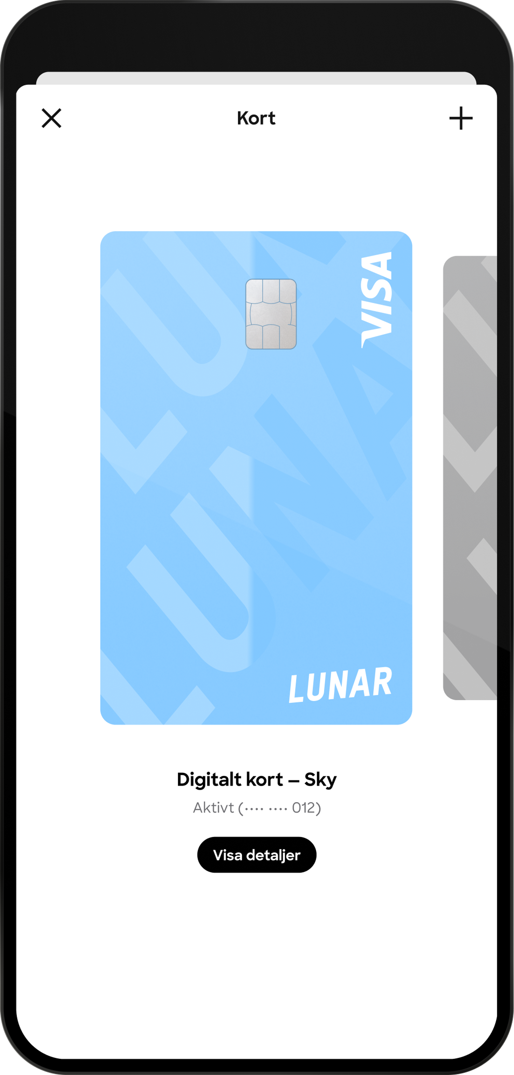 En skärmdump av en mobilapps kortskärm på engelska, som visar ett aktivt, ljusblått virtuellt Lunar Visa-kort med en knapp för att visa detaljer.
