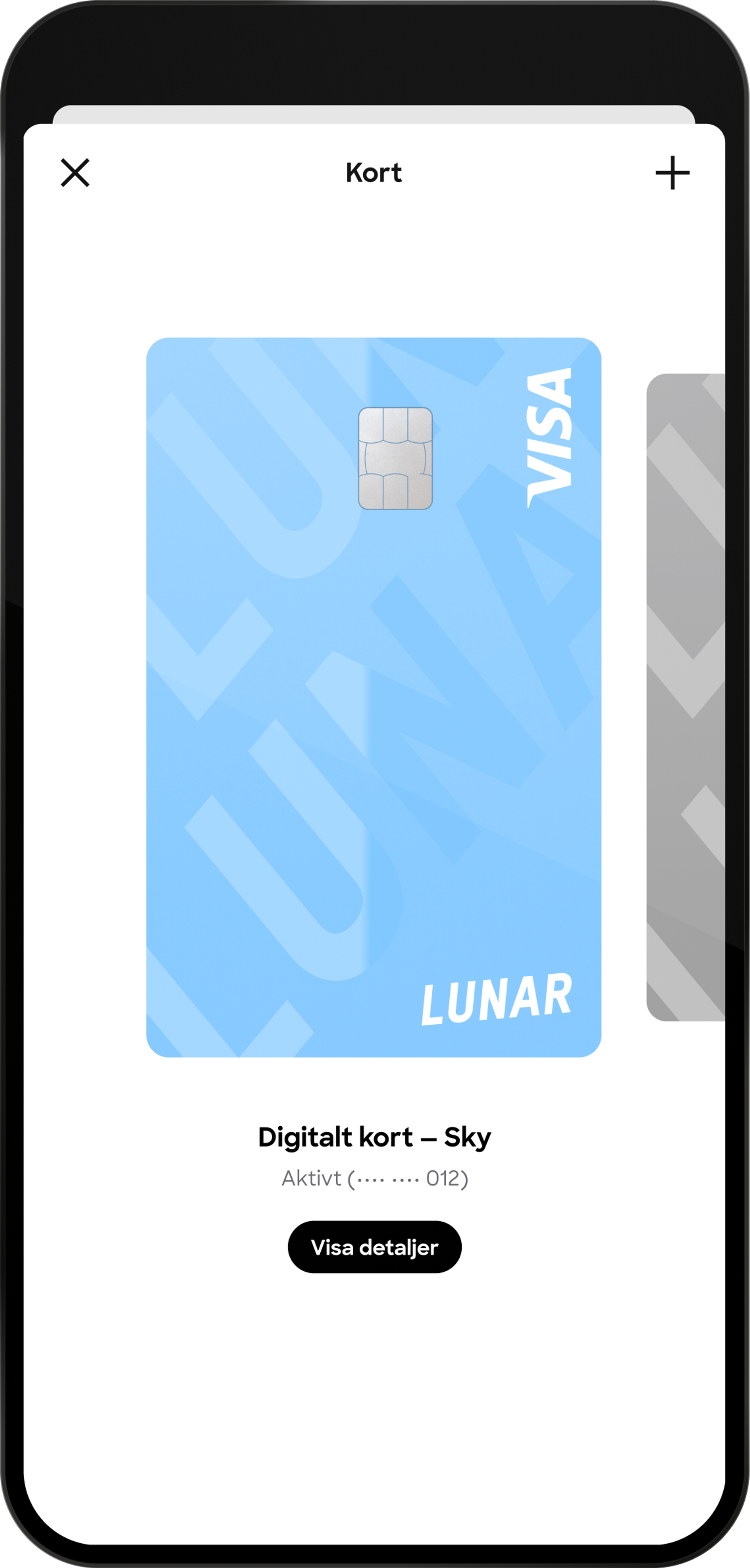 En skärmdump av en mobilapps kortskärm på engelska, som visar ett aktivt, ljusblått virtuellt Lunar Visa-kort med en knapp för att visa detaljer.