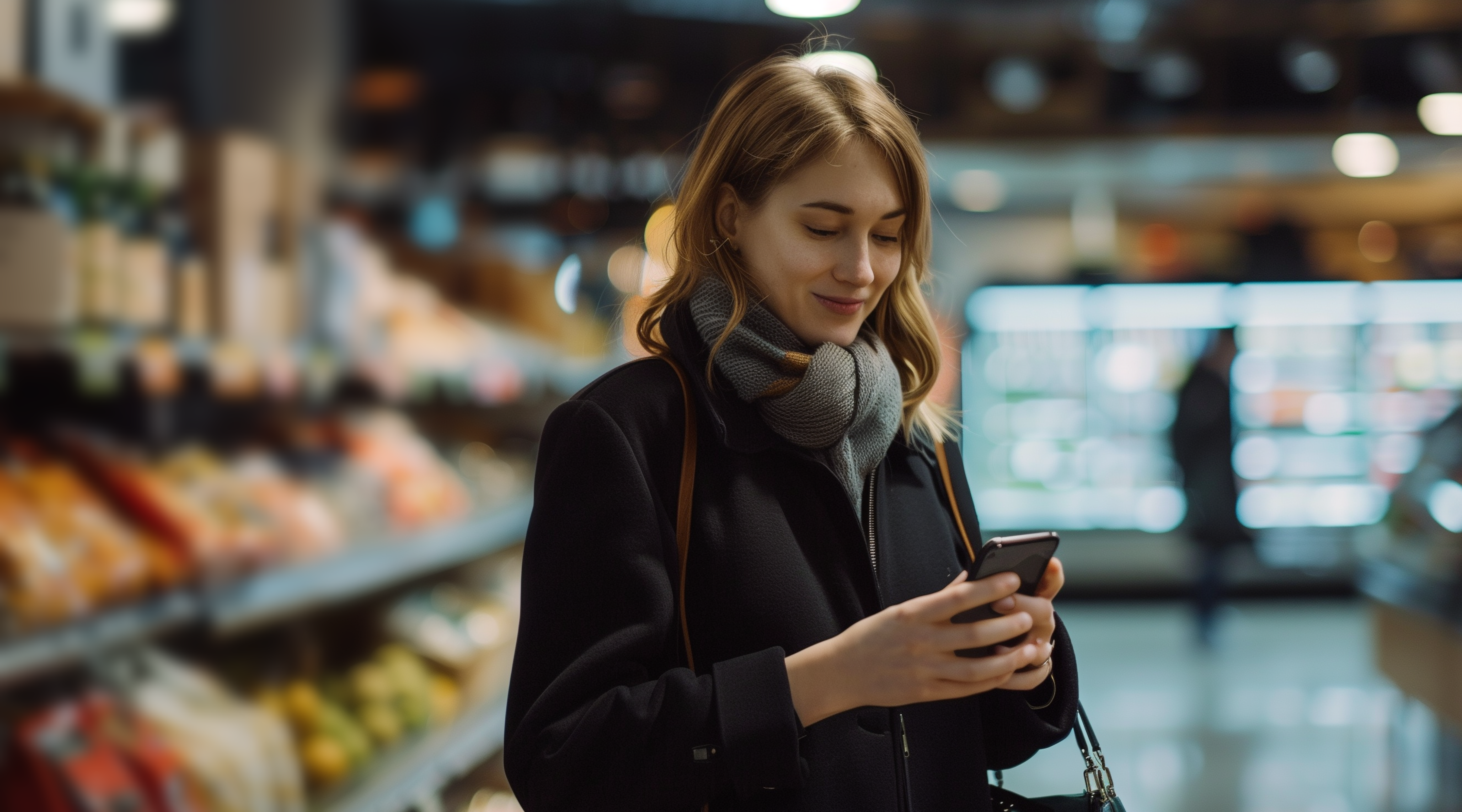 En kvinne i frakk og skjerf smiler mens hun ser på smarttelefonen sin, stående i midtgangen i en matbutikk.